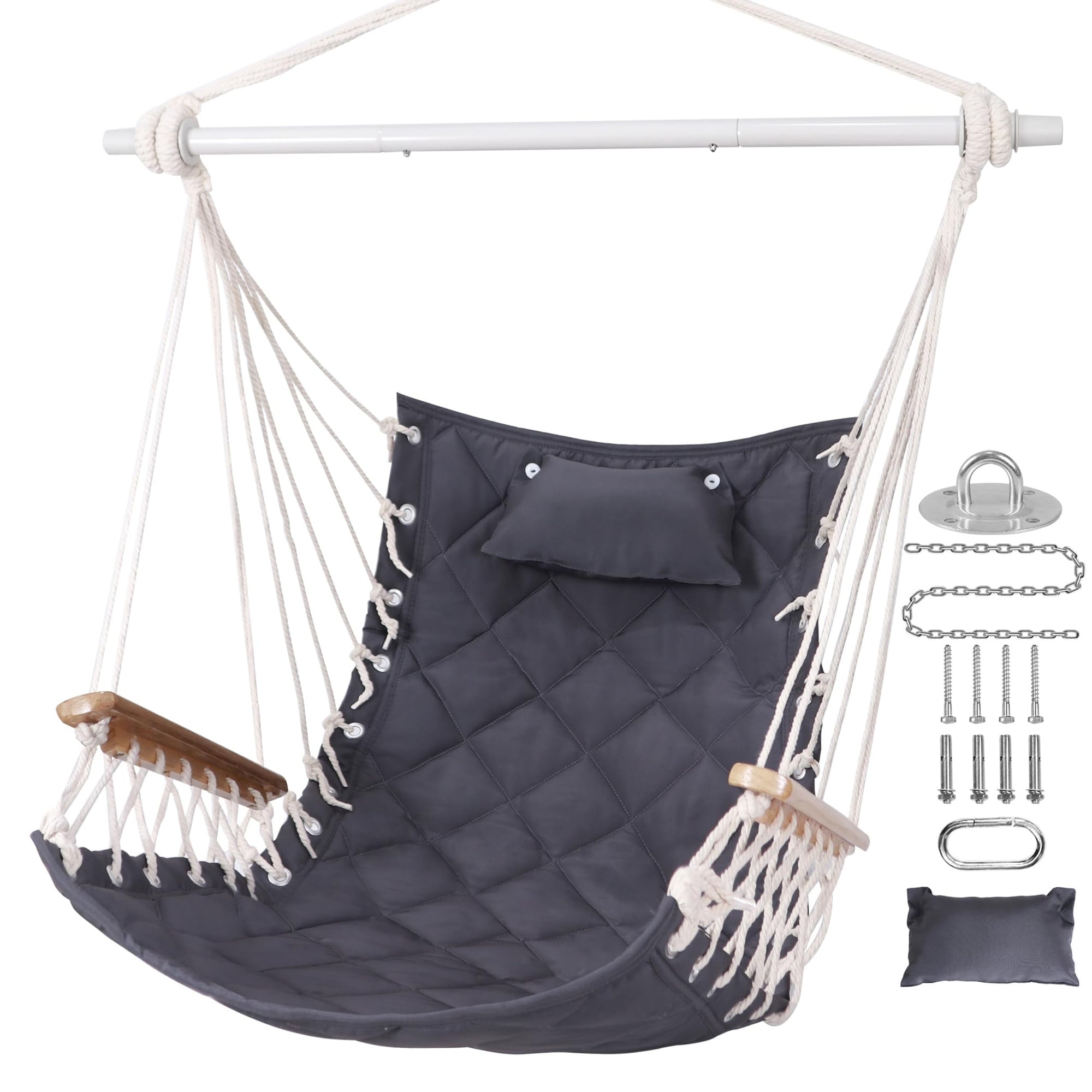 Etokfoks -  Cotton Hammock Chair Hanging Swing with Wooden Armrest Steel Spreader Bar Pillow Hard...