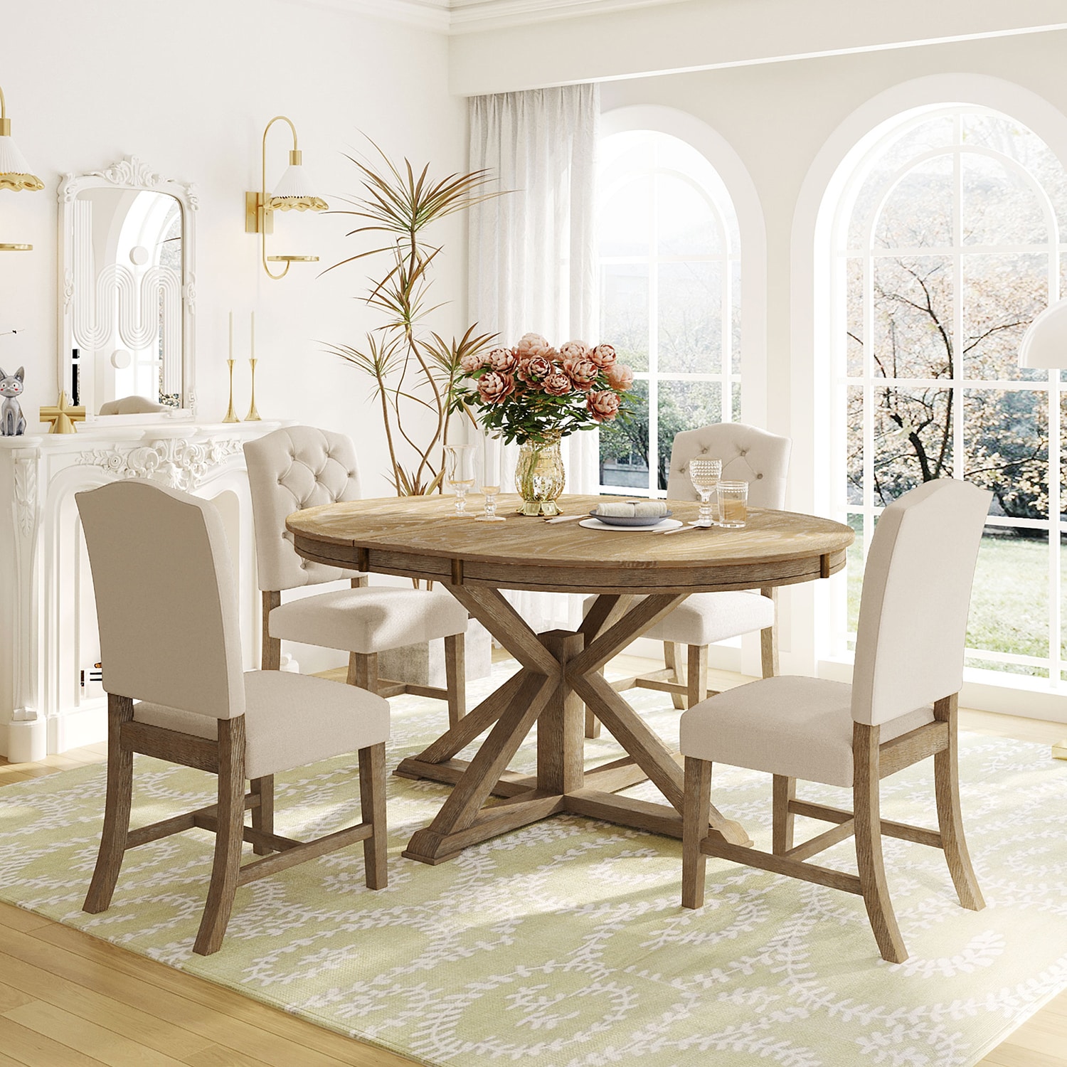 SINOFURN Natural Wood Wash Rustic Dining Room Set with Round Table Seats 4 in the Dining Room Sets department at Lowes