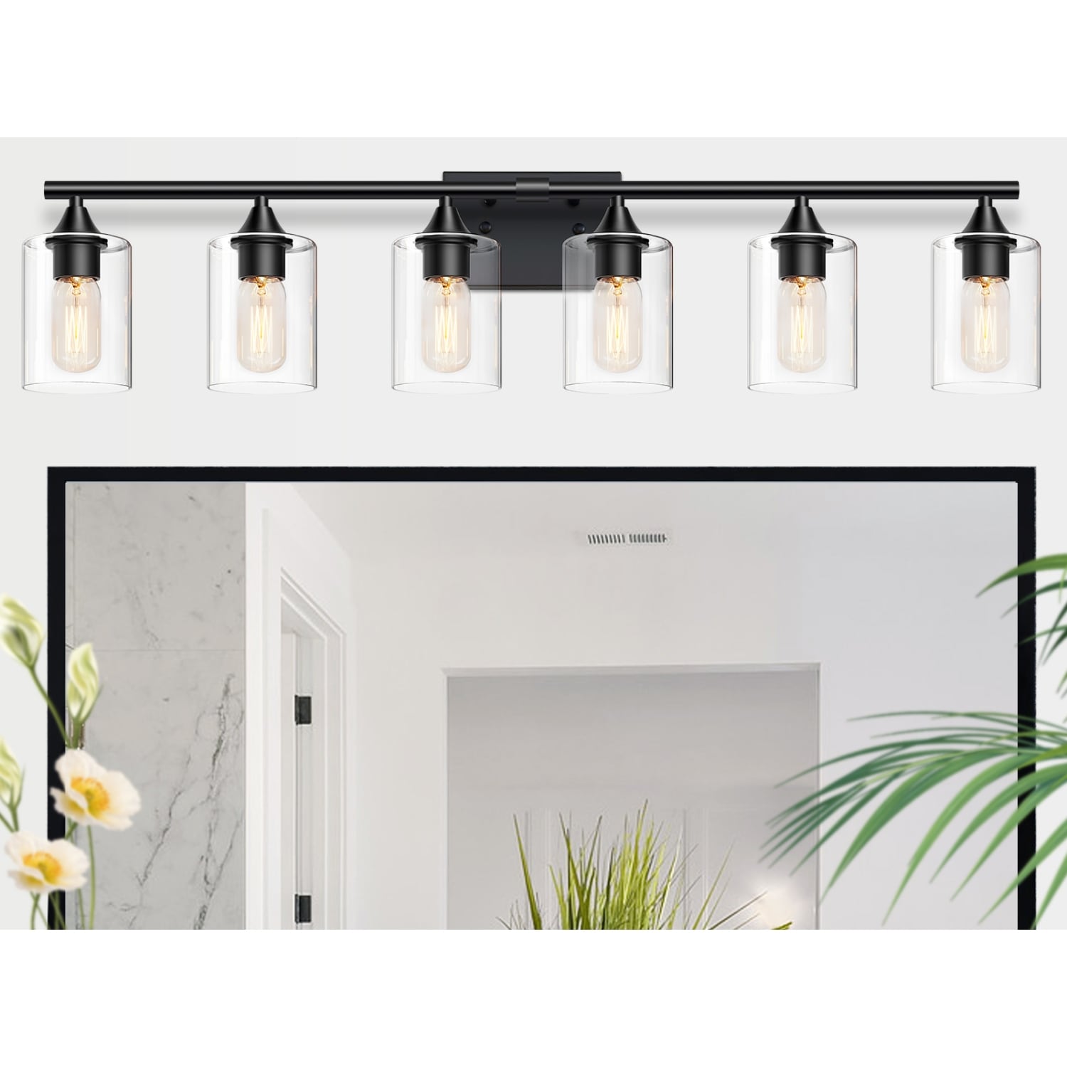 Lirago 6 Light Matte Black Bathroom Vanity Light Reversible Mount Solid Metal Wall Fixture with Clear Cylinder Glass Shades Industrial Wall Lighting for Extra Wide Vanity Mirror No light bulb