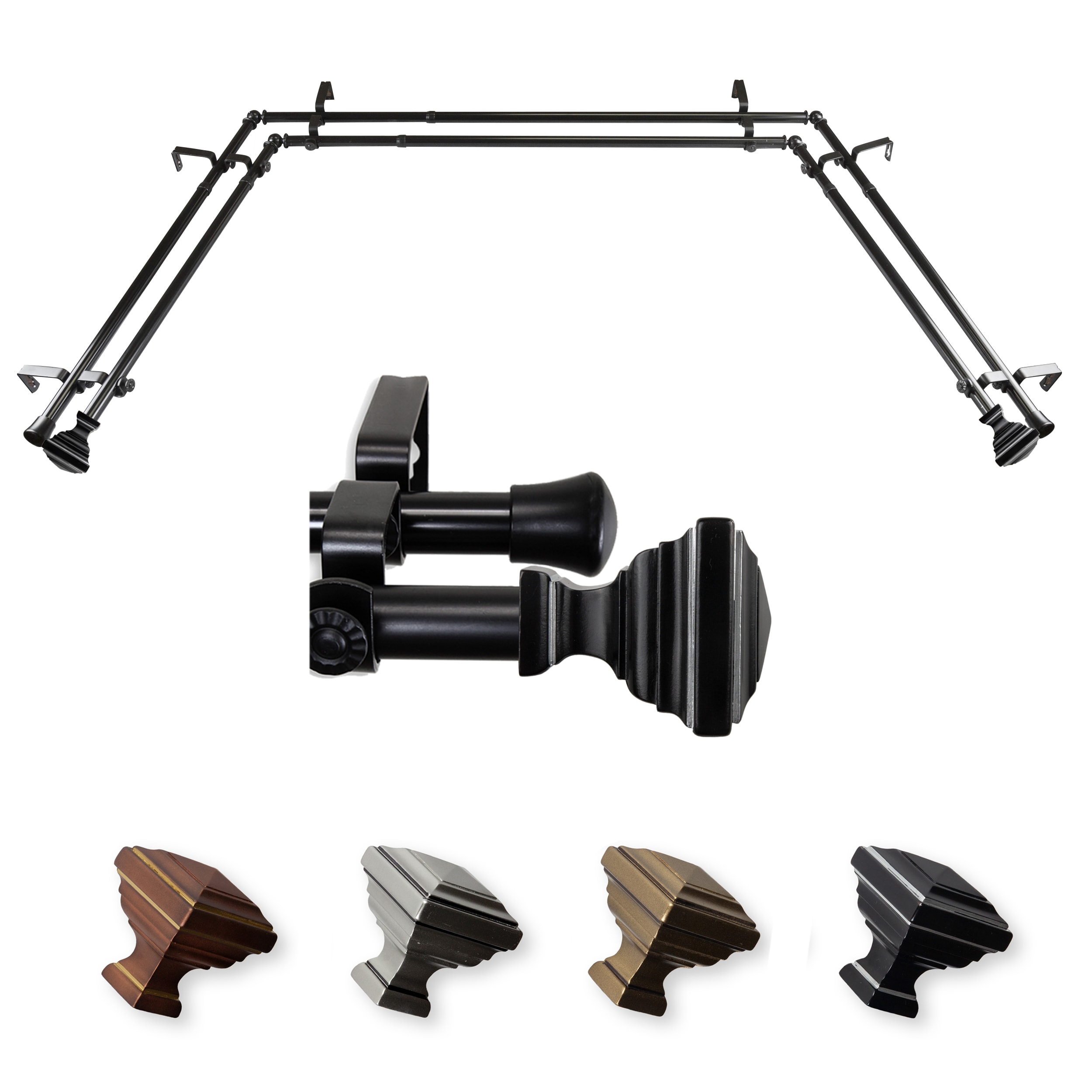 Hart & Harlow L-ABAY-81-2D Dora 13/16-in Double 38-in to 72-in Black Steel Bay window curtain rod with Finials