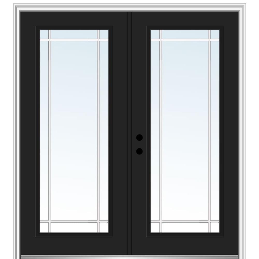 MMI DOOR ZZ13613R 60-in x 80-in x 4-9/16-in Fiberglass Full lite Right-hand inswing Black Painted Prehung Double Front Door with Brickmould Insulating core with Grilles