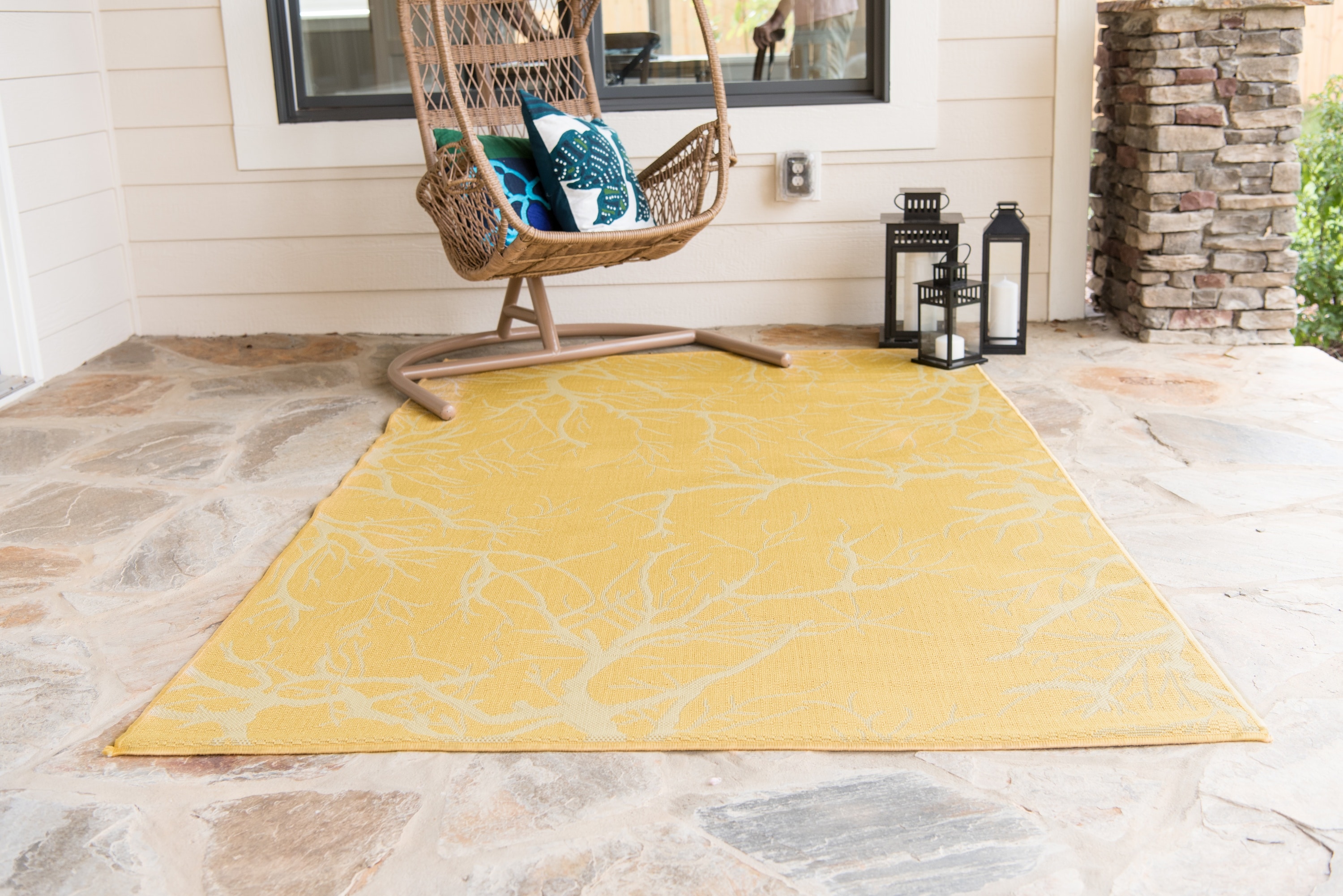 Yellow and White Rectangular Synthetic Outdoor Area Rug