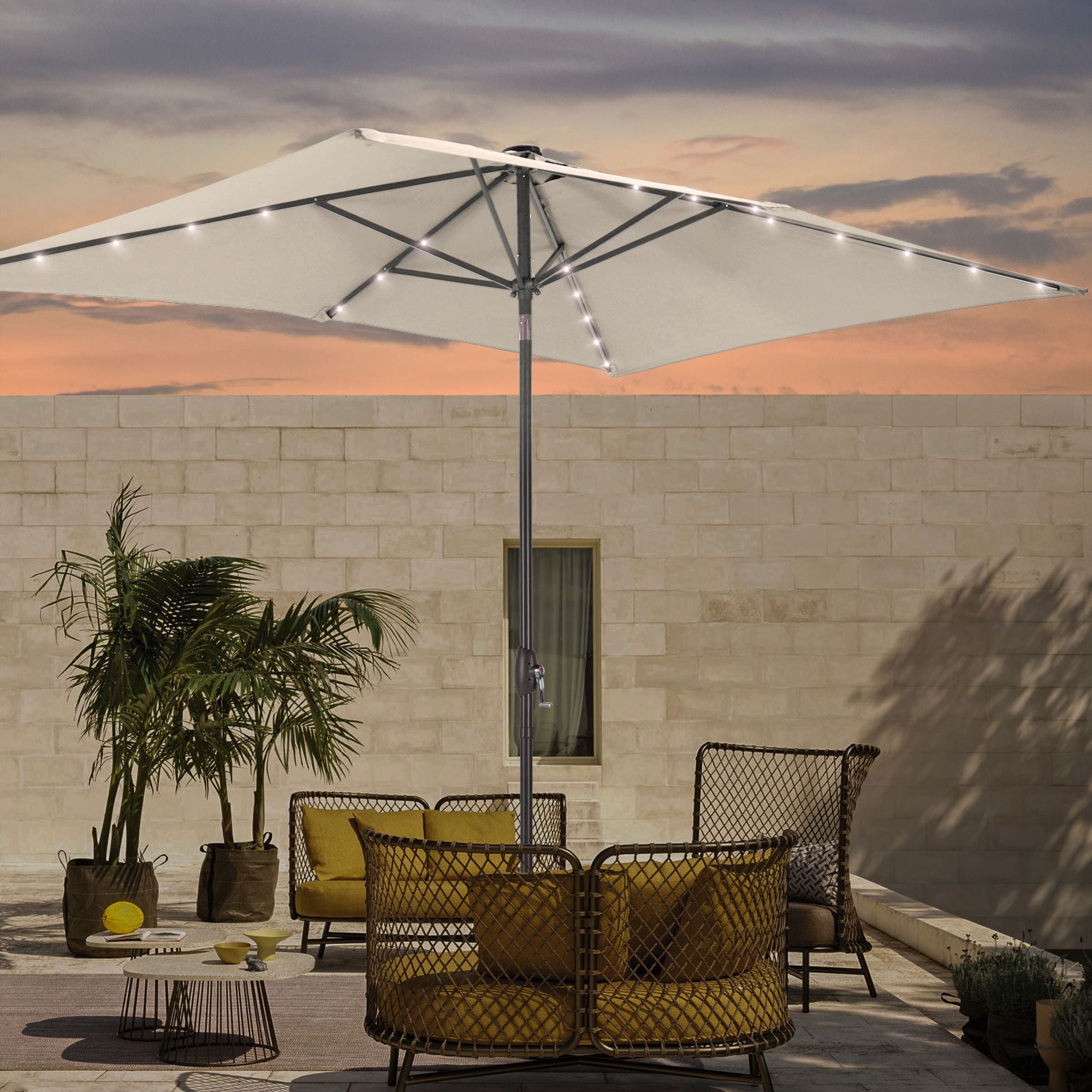 Sonkuki SD-S103BG-LED 9-Feet Steel Beige Push-button Tilt Market Patio Umbrella with Lights and
