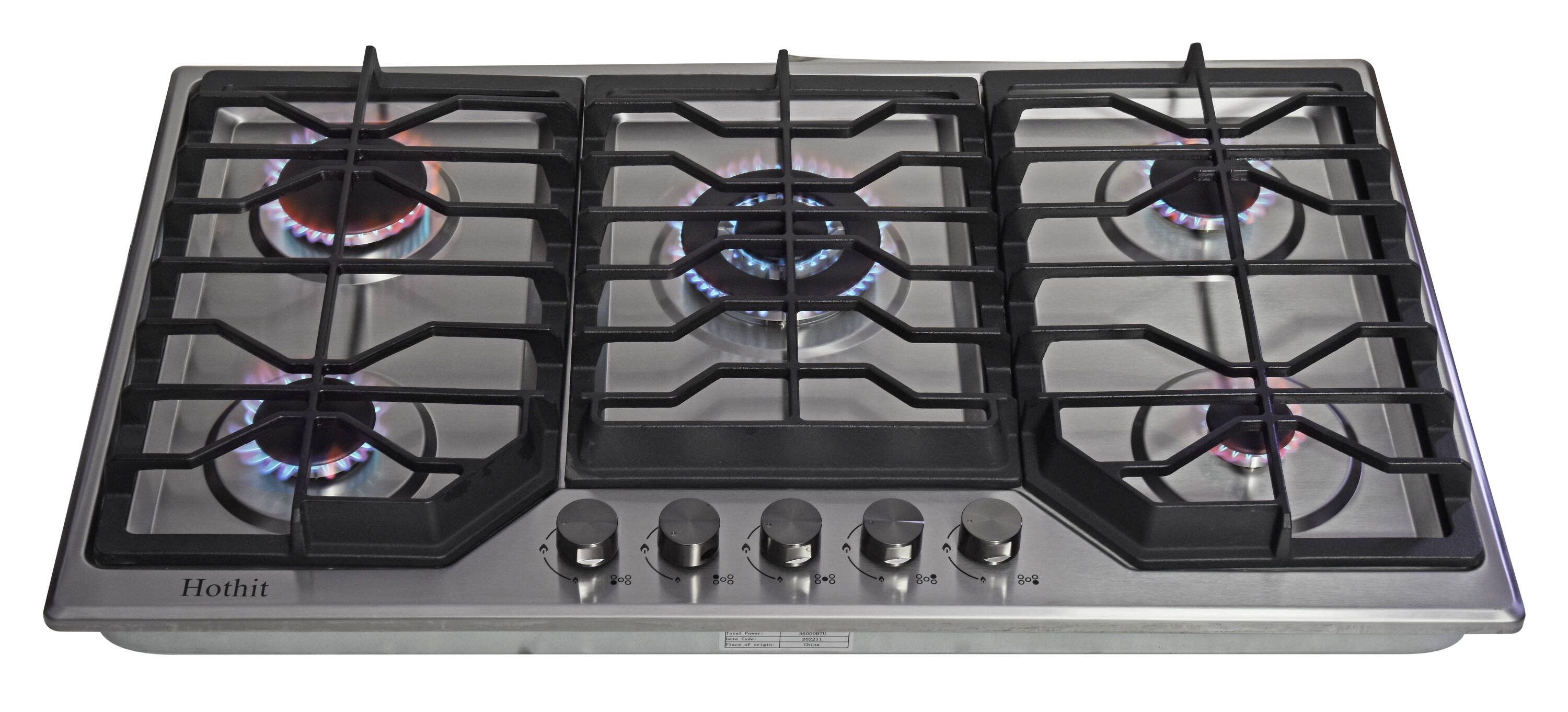 Gasland Chef 36 inch 5 Burner GAS Cooktop with Reversible Cast Iron Grill/Griddle, NG/LPG Convertible, Silver