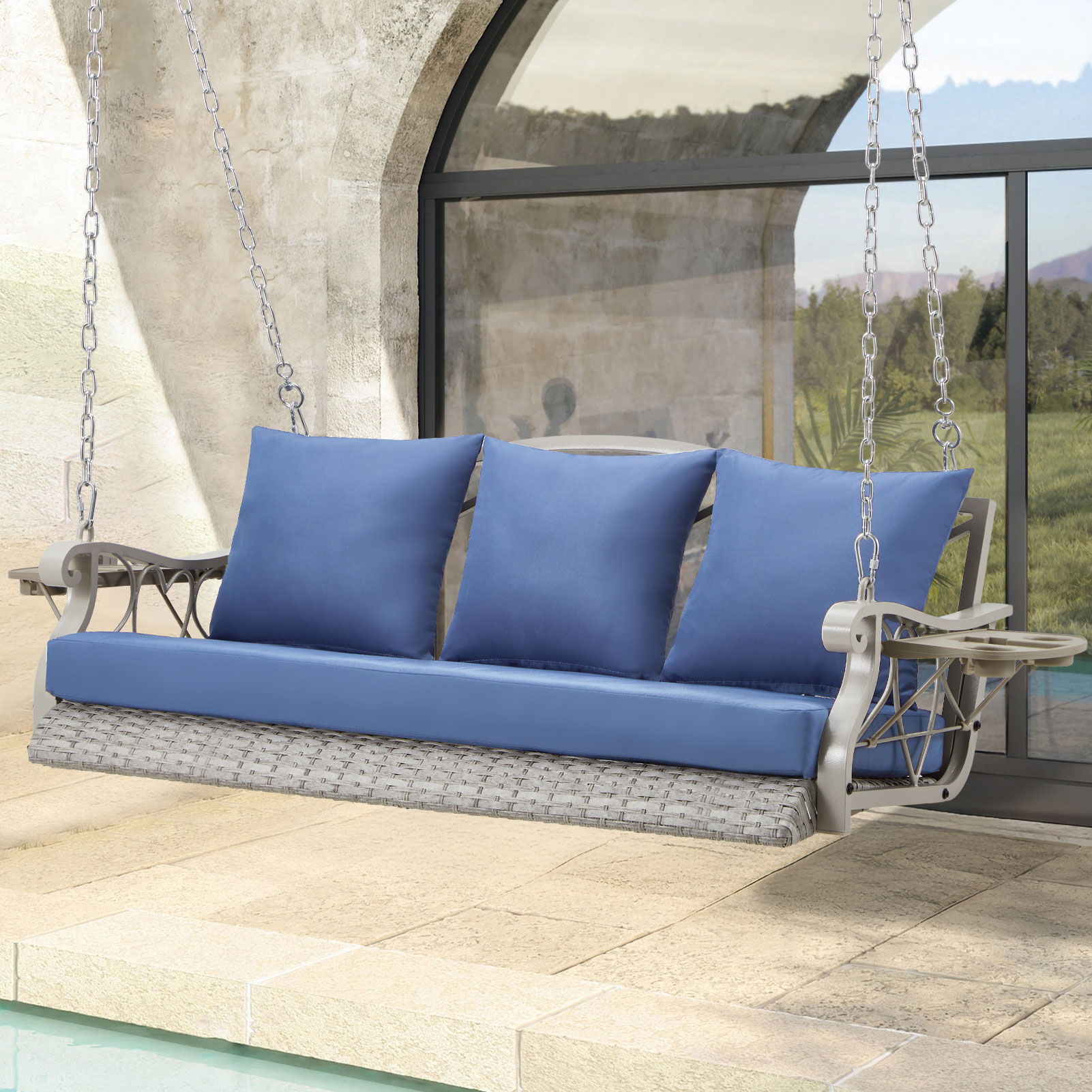 CESICIA QS-047 Patio Chairs Wicker Light Blue Steel Frame Hanging Conversation Chair with Blue Light Blue Woven Seat