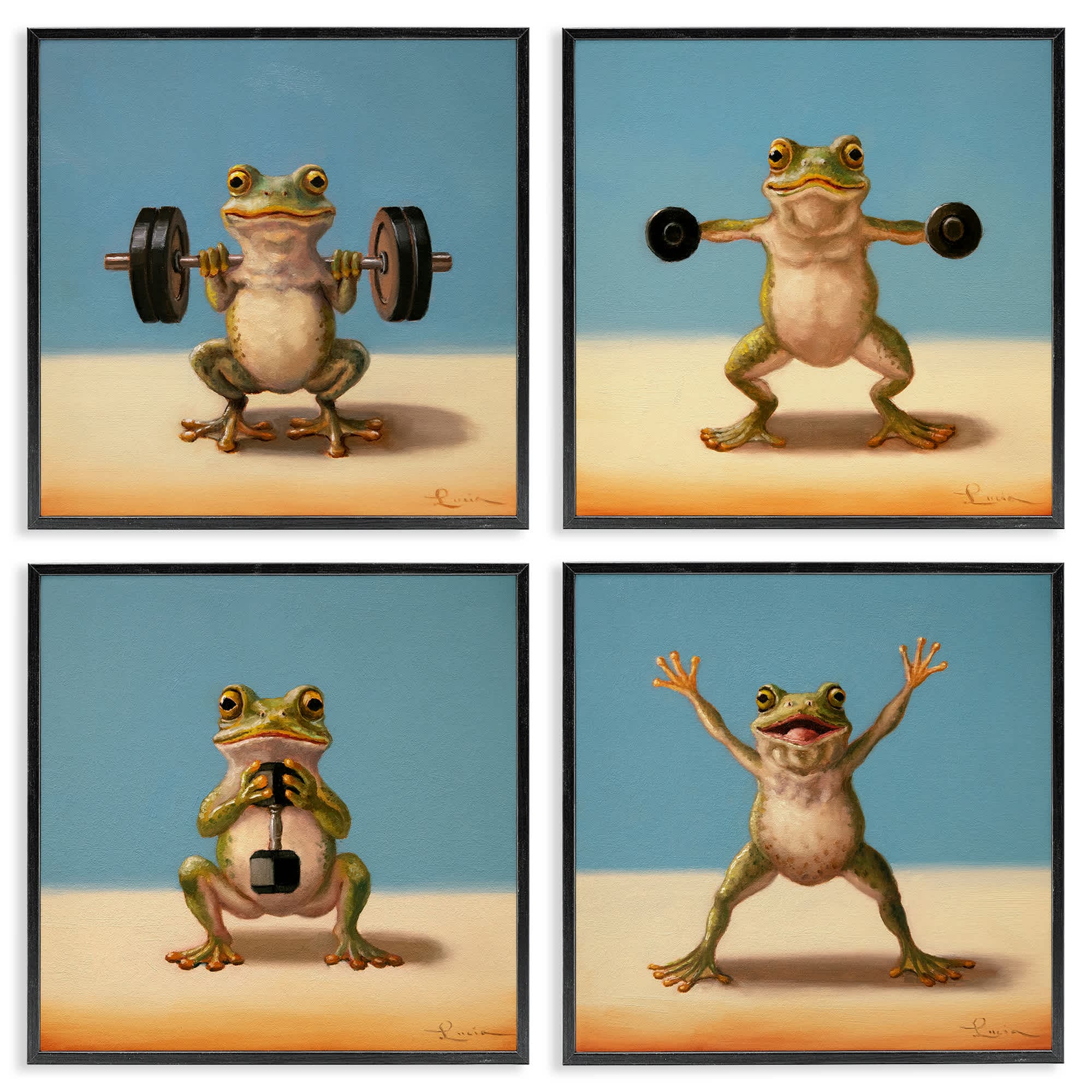 Stupell Industries A4-265-FR-4PC-12X12 Weightlifting Frogs Various Workouts 4pc Framed Giclee Set design by Lucia Heffernan