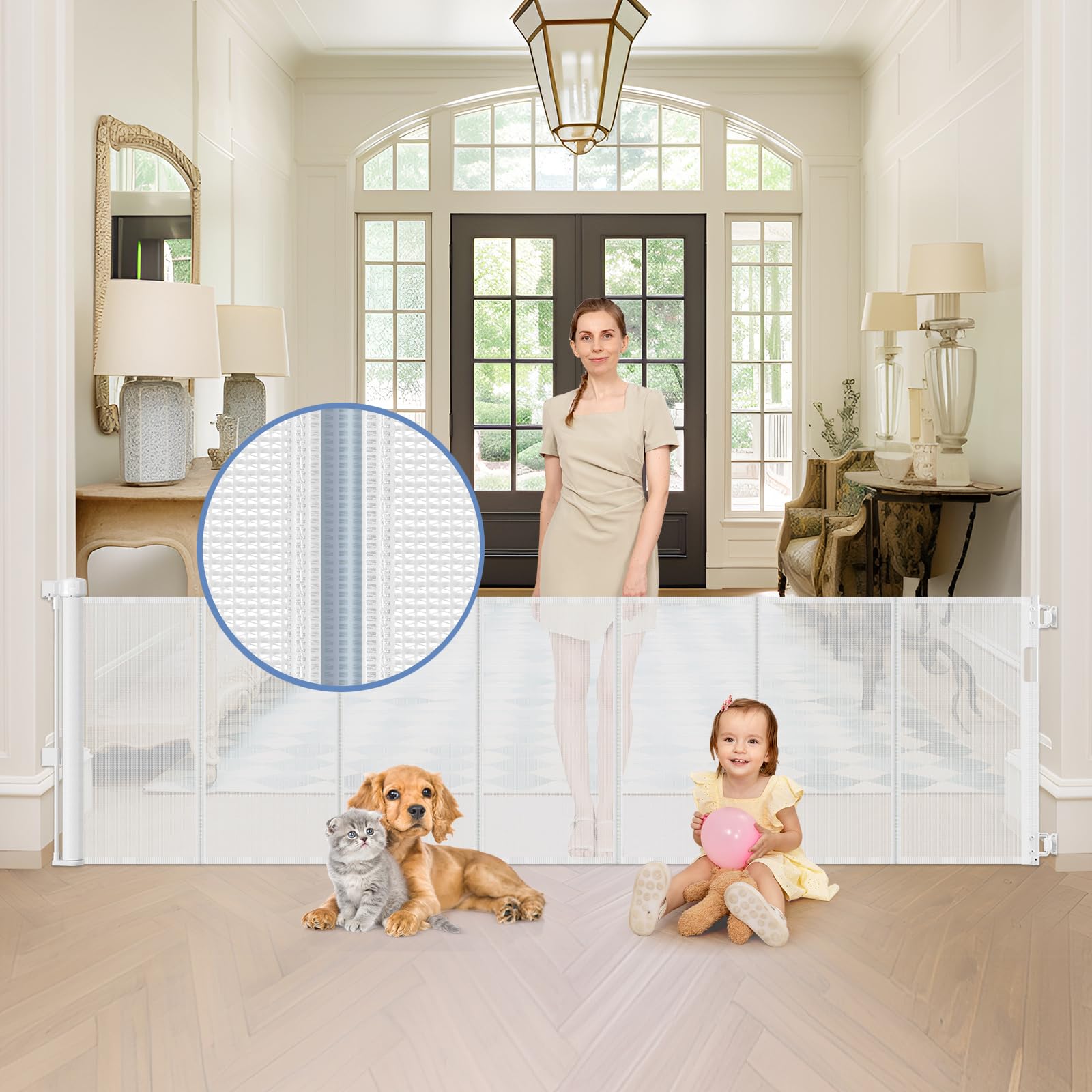 DYRCJ  Reinforced 90 Inch Wide Retractable Baby Gate for Doorways Extra Wide Outdoor Gate for Dogs with Reinforced Bottom to Prevent Crawling