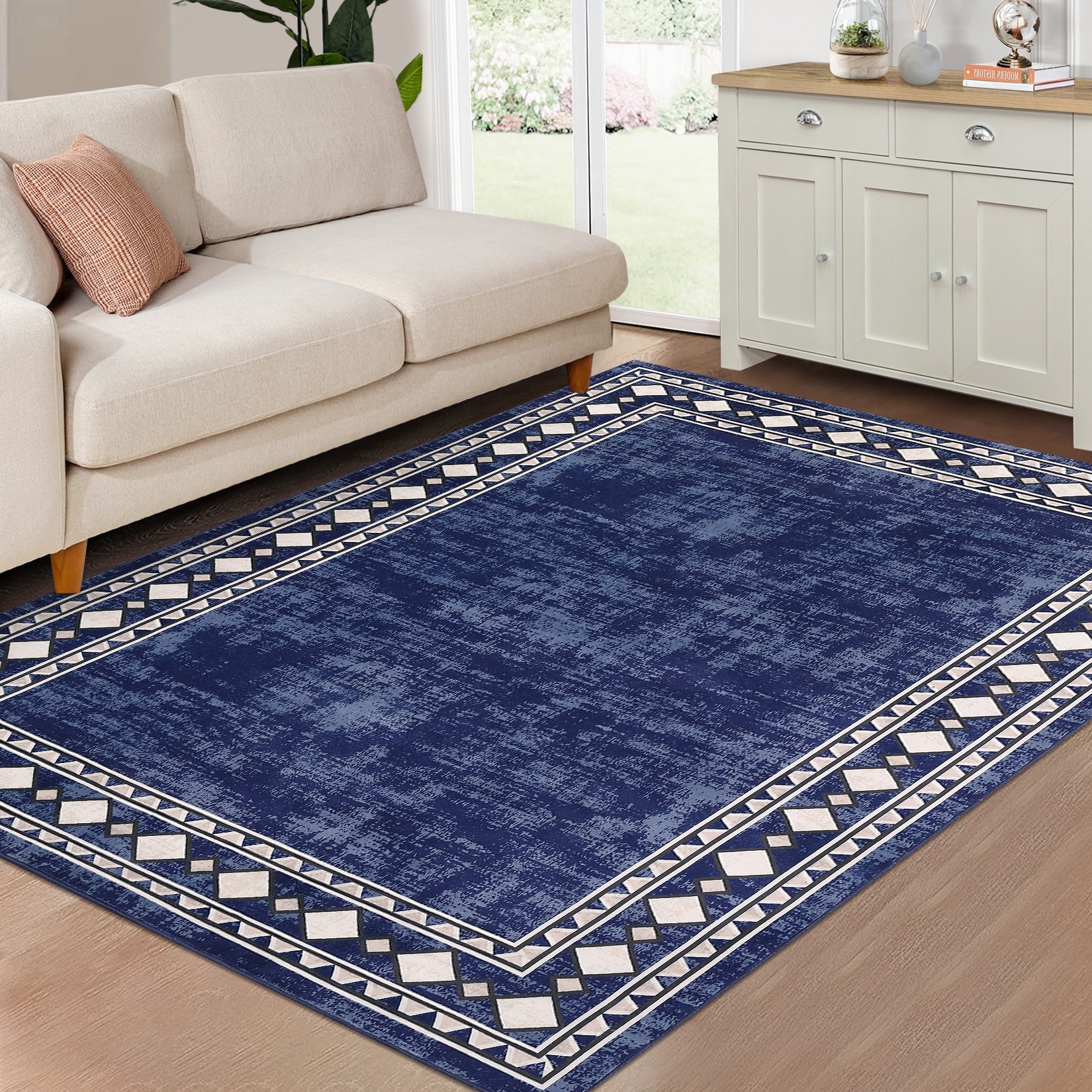 Garvee YXY-LO-PHO-0ZW72QBJ 4 x 6 (ft) Synthetic Blue Rectangular Indoor Border Mid-Century Modern Machine washable Area rug