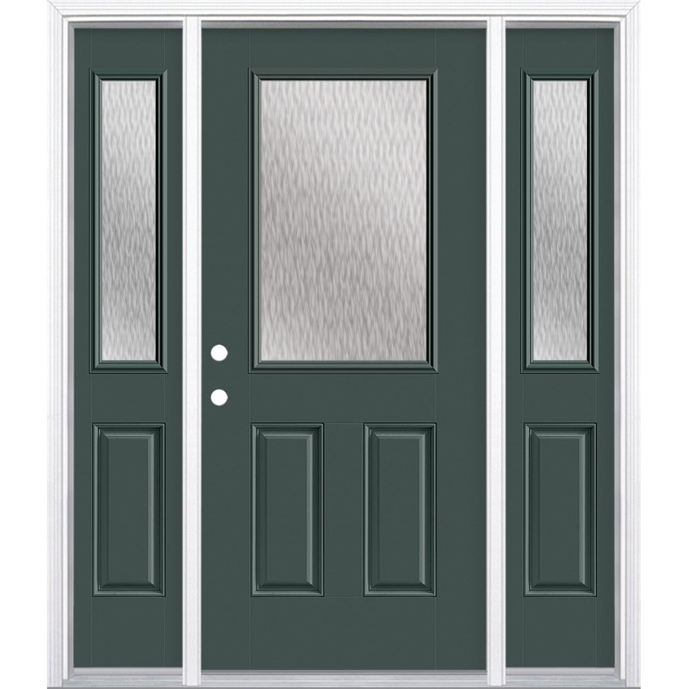 Masonite 628186 Double Water Textured Glass 64-in x 80-in x 4-9/16-in Fiberglass Half lite Right-hand inswing Evergreen Painted Prehung Front Door with Sidelights with Brickmould Insulating core