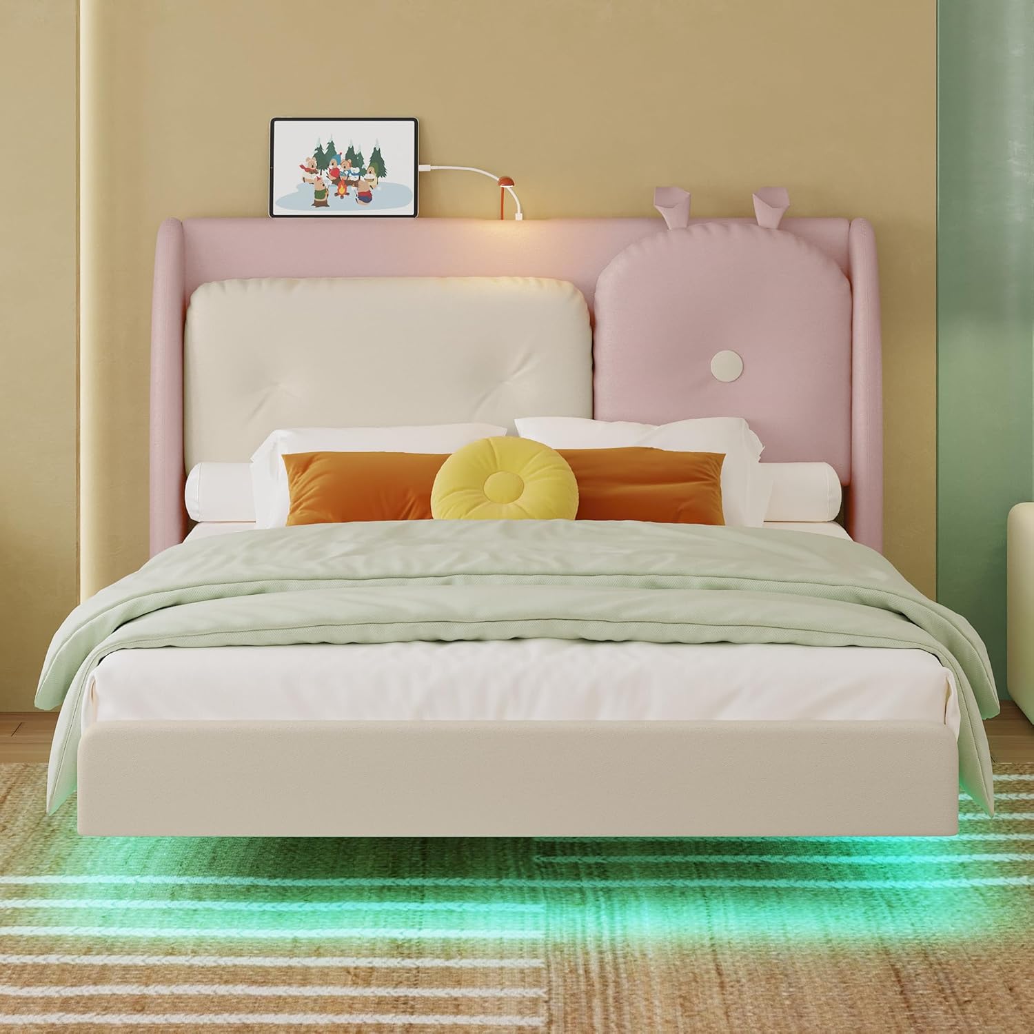 Likimio S9H1UE8IVYRZKJVN 58.8-in W Pink Full Floating Bed Frame with Leather Upholstered Headboard and LED Light and Charging Station
