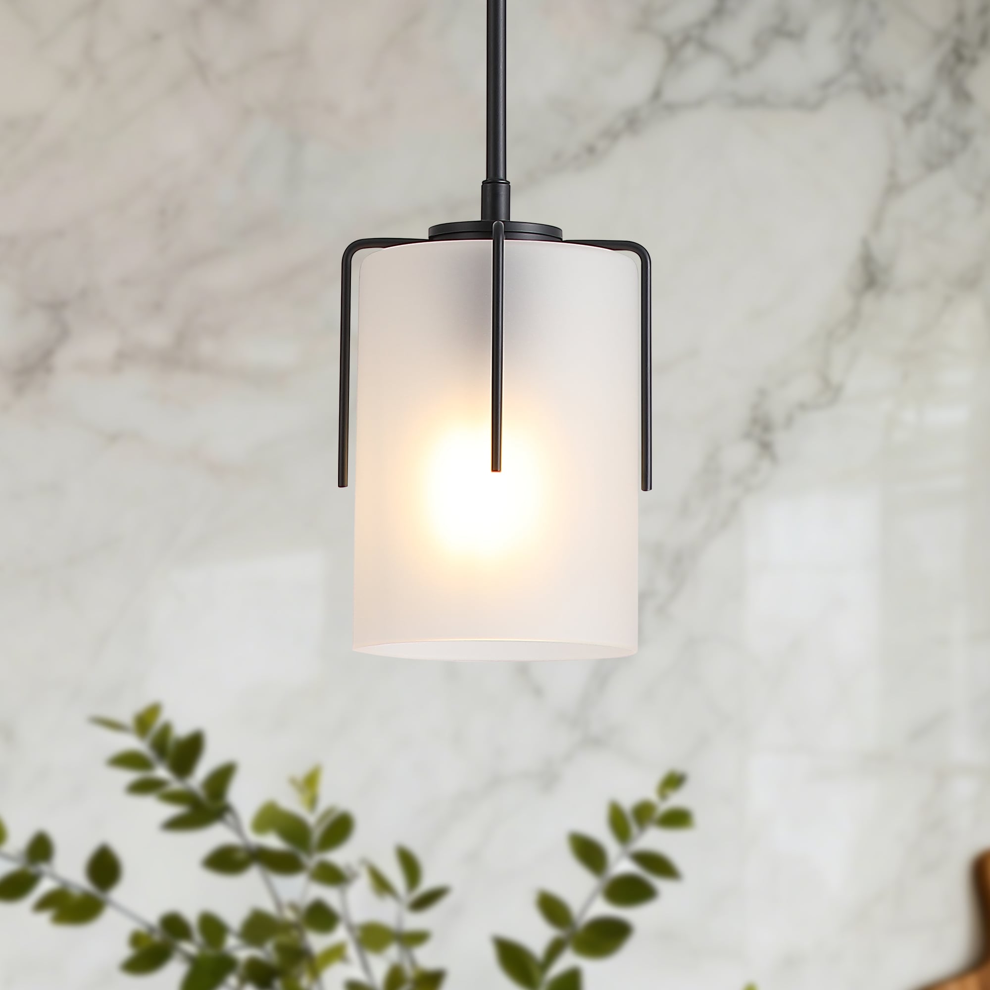 JUSHUA Modern Adjustable Cylindrical Pendant Light Milky White Frosted Glass Black Metal Frame E26 Base Suitable for Flat Vaulted Sloped Ceilings Kitchen Island Dining Bedroom