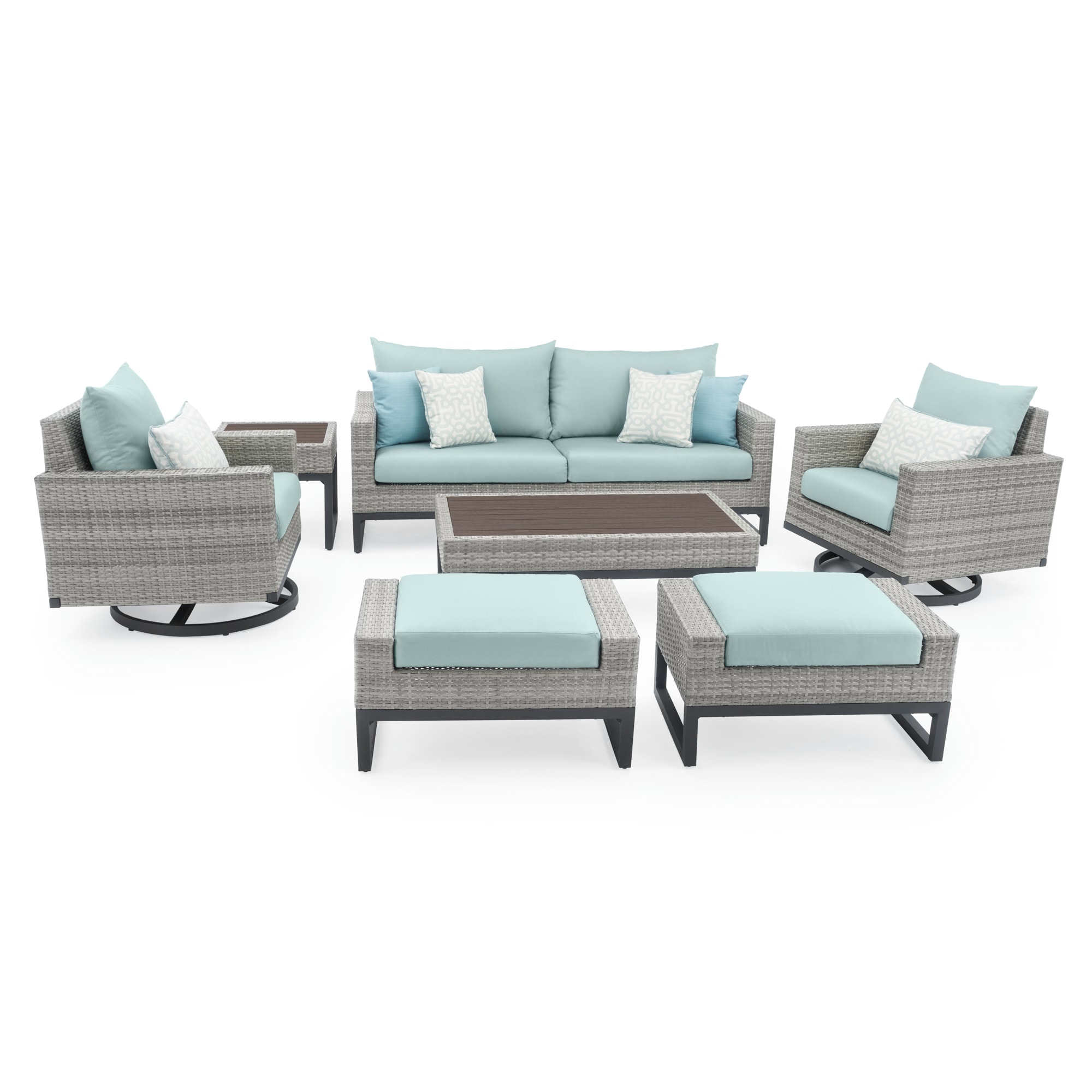 RST Brands OP-PESS7M-MILO-GSPAK Milo 7 -Piece Wicker Patio Sofa Conversation Set with Blue Sunbrella Cushions