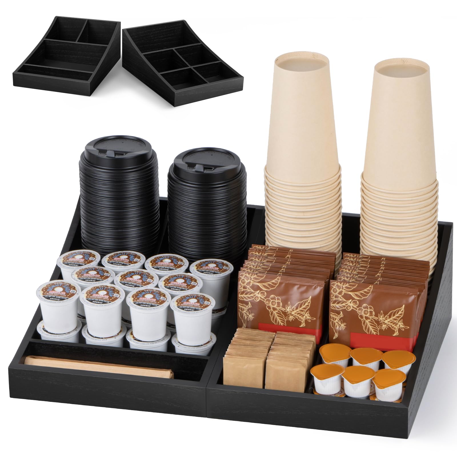Etokfoks  Coffee Station Organizer 2 in 1 Black Wooden Countertop Caddy with 9 Compartments for Mugs Sugar Creamer Kitchen Office Breakroom 1 Piece