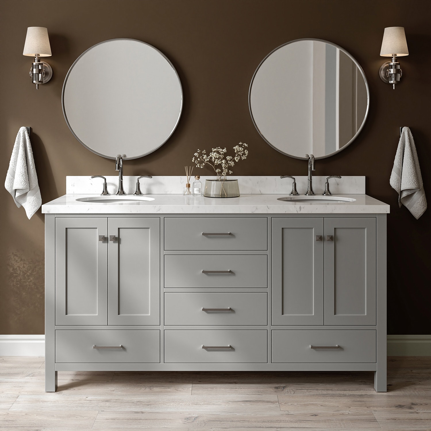 ARIEL A066DCQOVOGRY Cambridge 66.25-in Gray Undermount Double Sink Bathroom Vanity with Carrara White Quartz Quartz Top