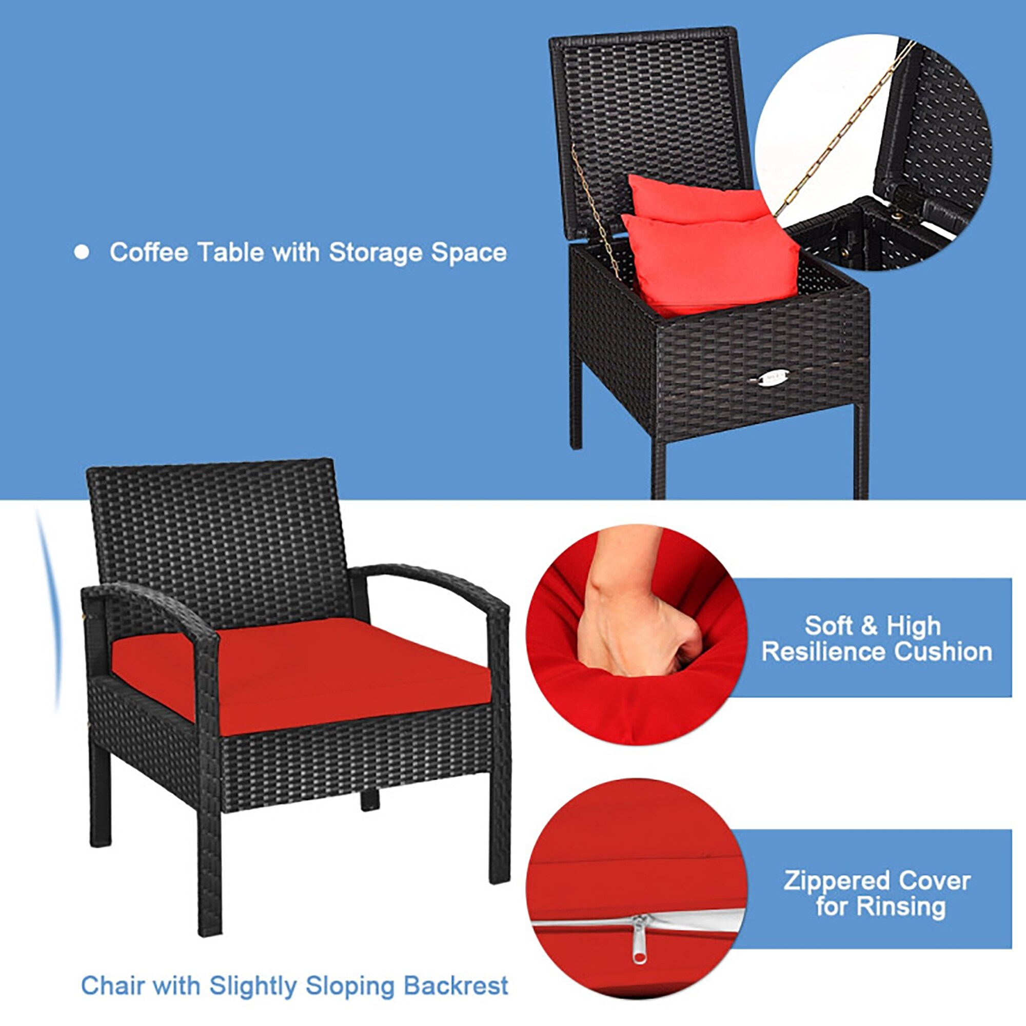 Red Cushioned Black Rattan 2-Person Patio Conversation Set