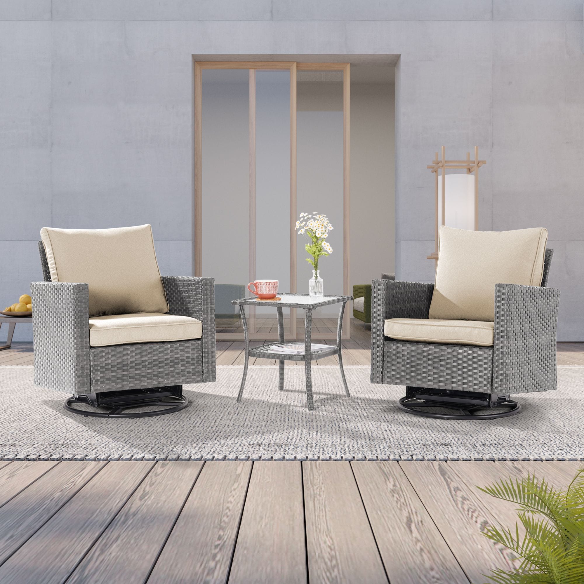 Sonkuki SD-2RCHBGTB2 Swivel Rocking Chair 3 -Piece Rattan Patio Conversation Set with Off-white Cushions