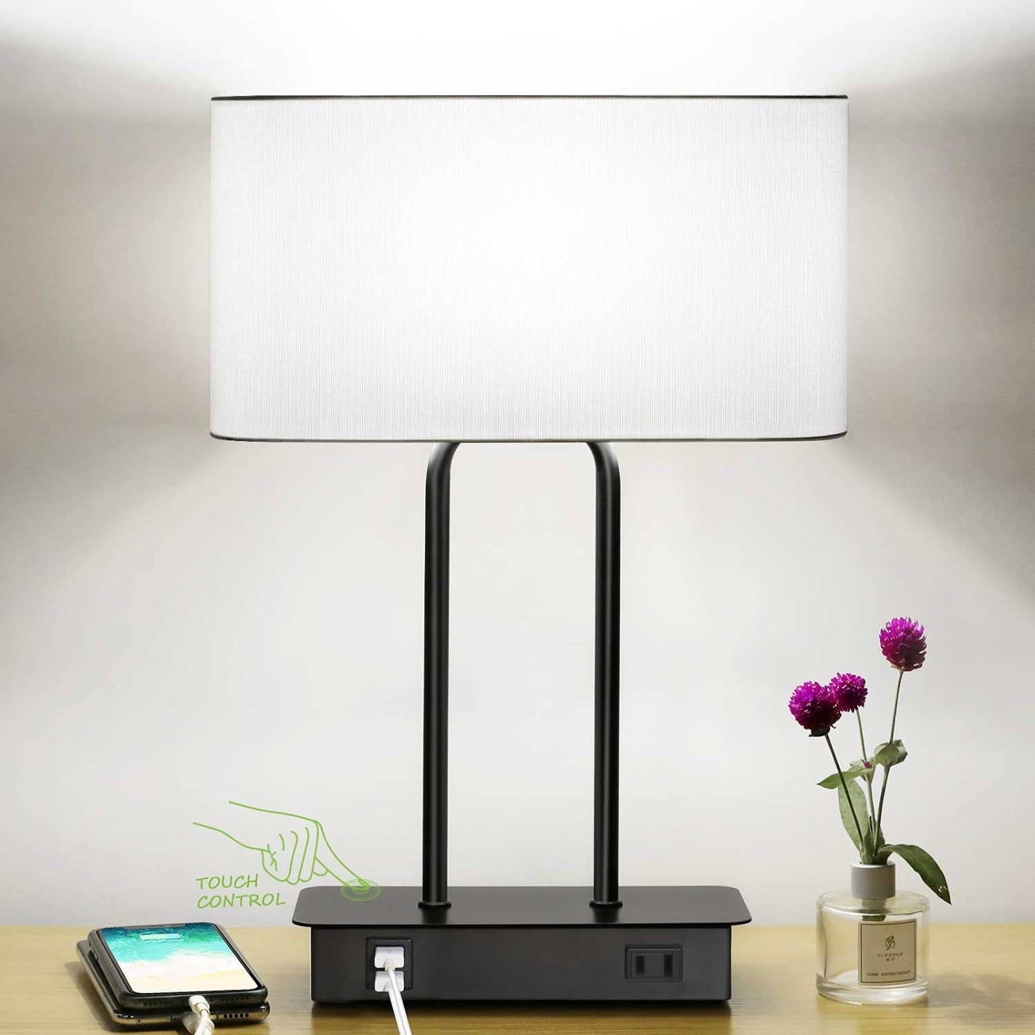 Nordic Hygge B08L3DFP84 Bedside Touch Control Table Lamp with Dual USB Charging Ports and 1 AC Outlet