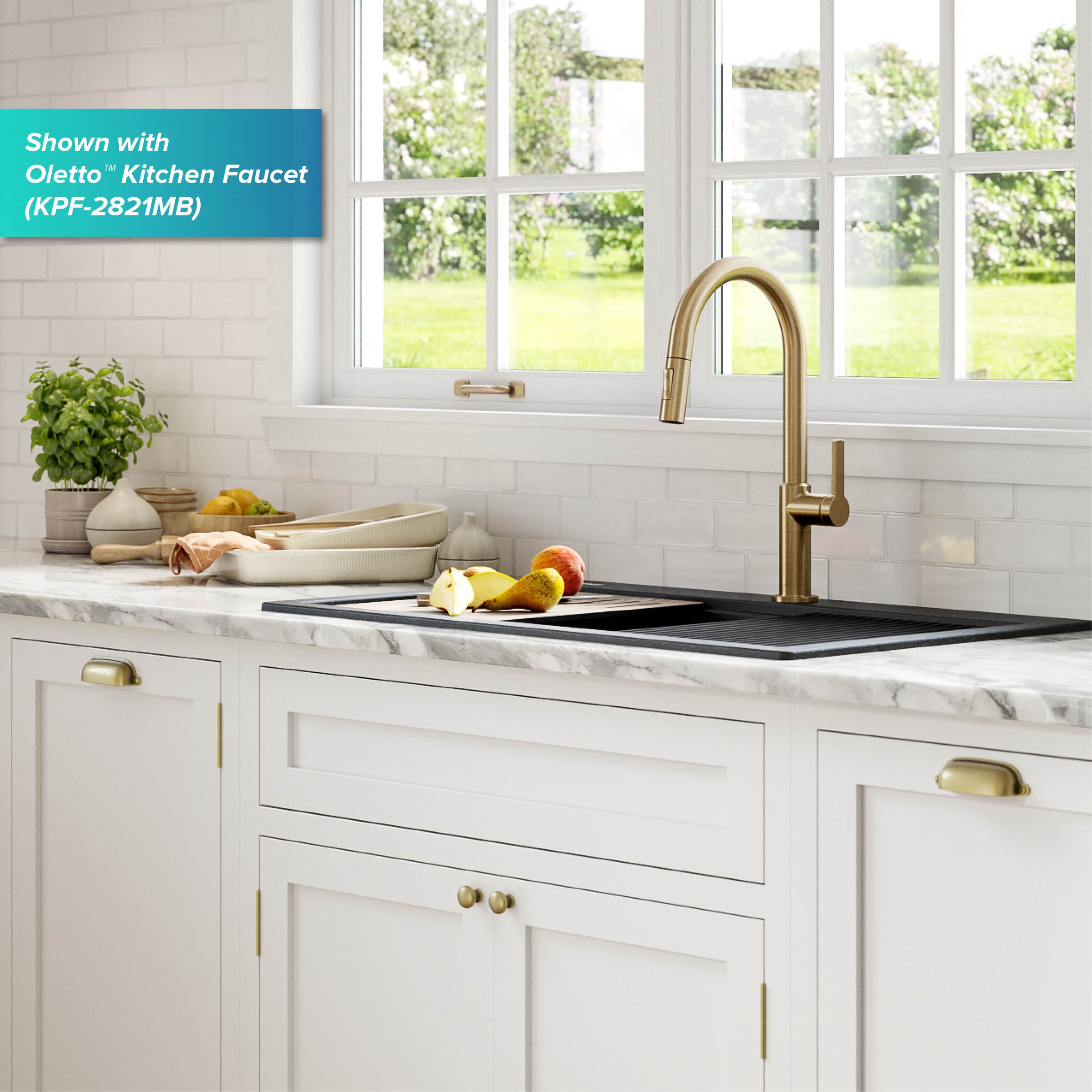 33 in. Metallic Black Granite Composite Single Bowl Kitchen Sink with Accessories