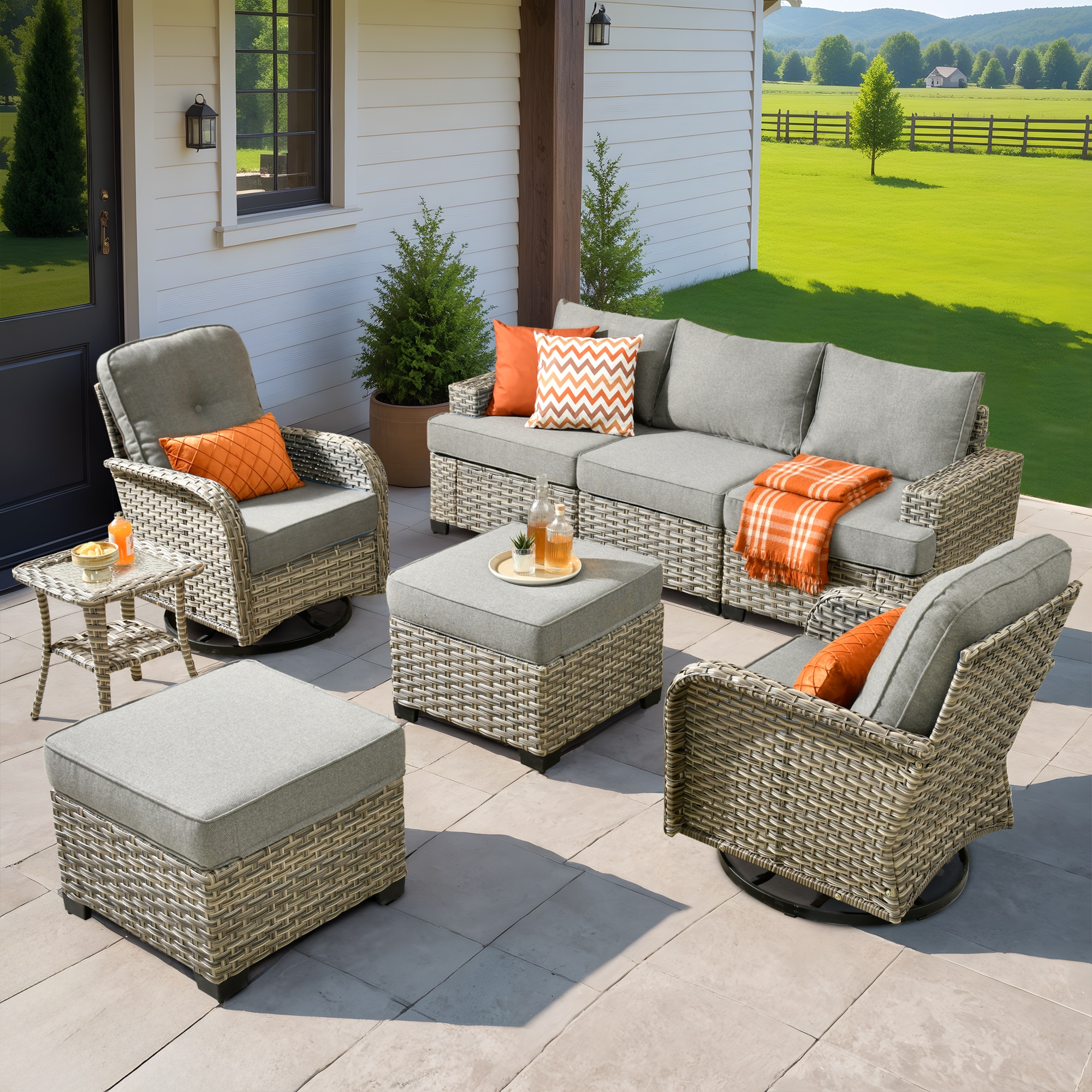 XIZZI XITBS2063-VNCRC Agate 6 -Piece Rattan Patio Sofa Conversation Set with Dark Gray Cushions