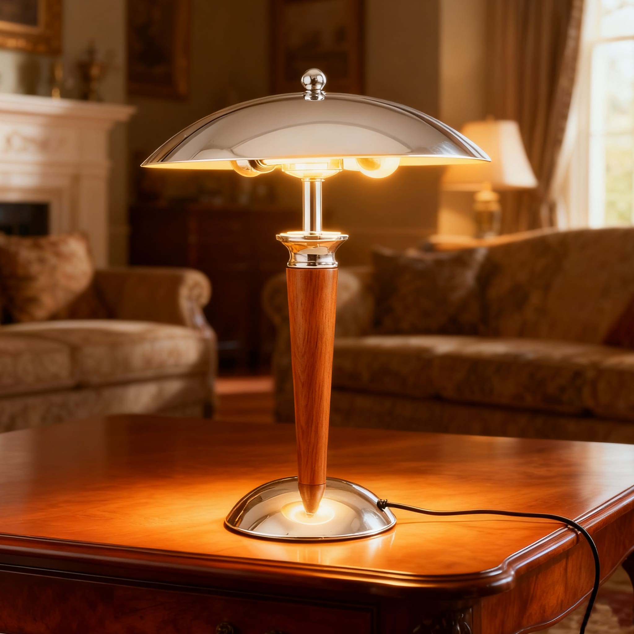 DORESshop - 17.7 in H 2 Light Vintage UFO Table Lamp with White Chrome Metal Shades and Wood Stan...
