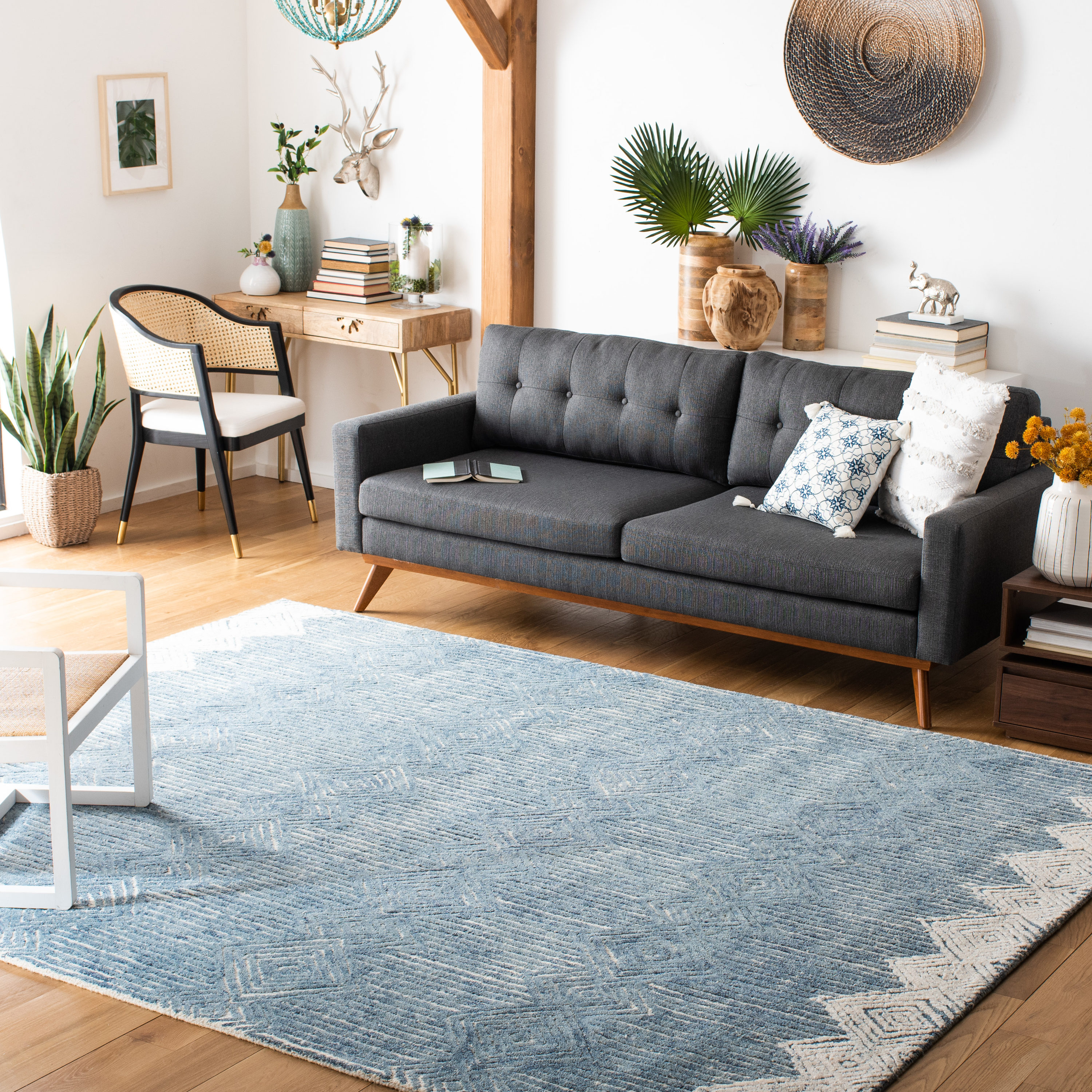 Hand-Tufted Square Wool Rug in Blue and Ivory - 6'x6'