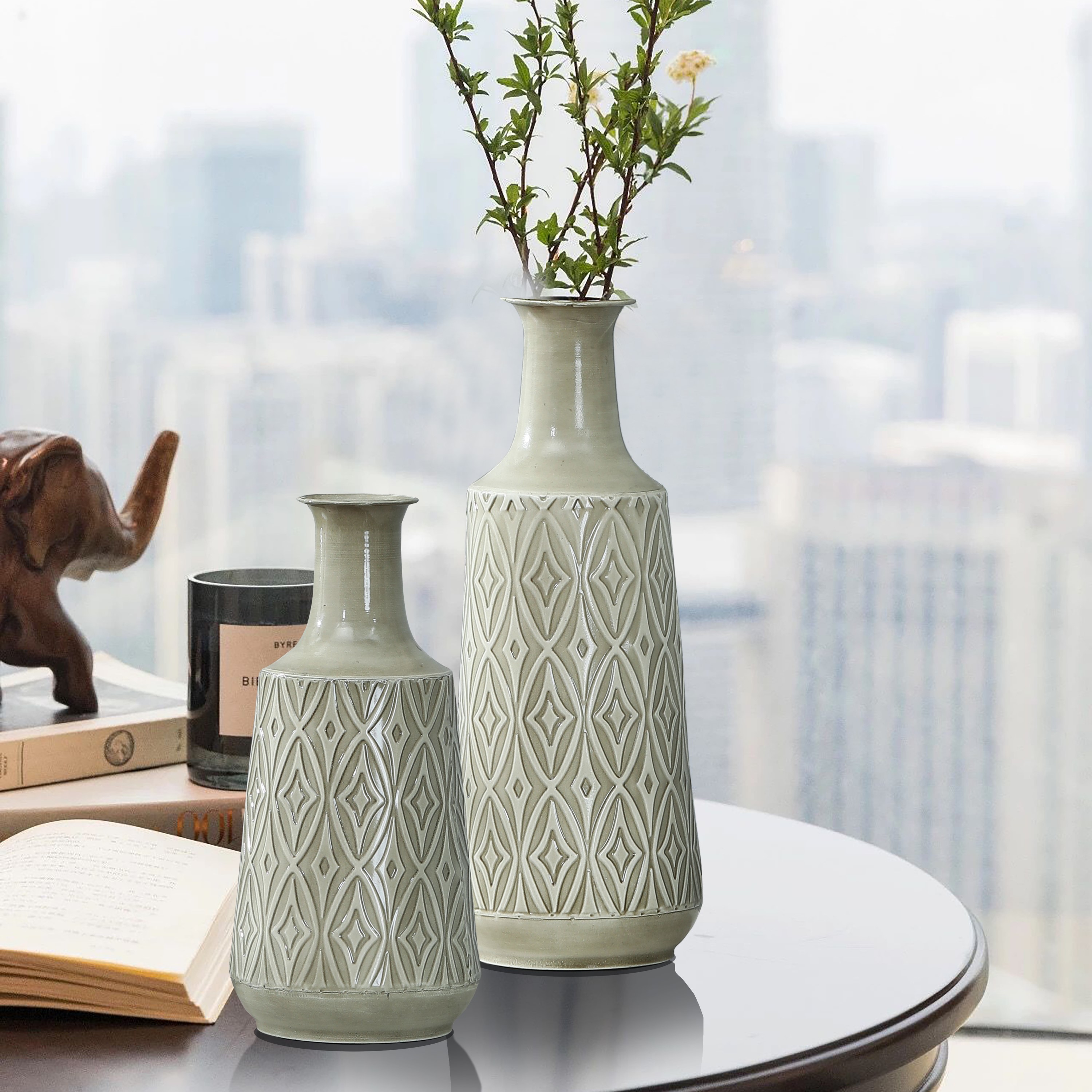 Vintage Gray and Green Metal Decorative Table Vases Set