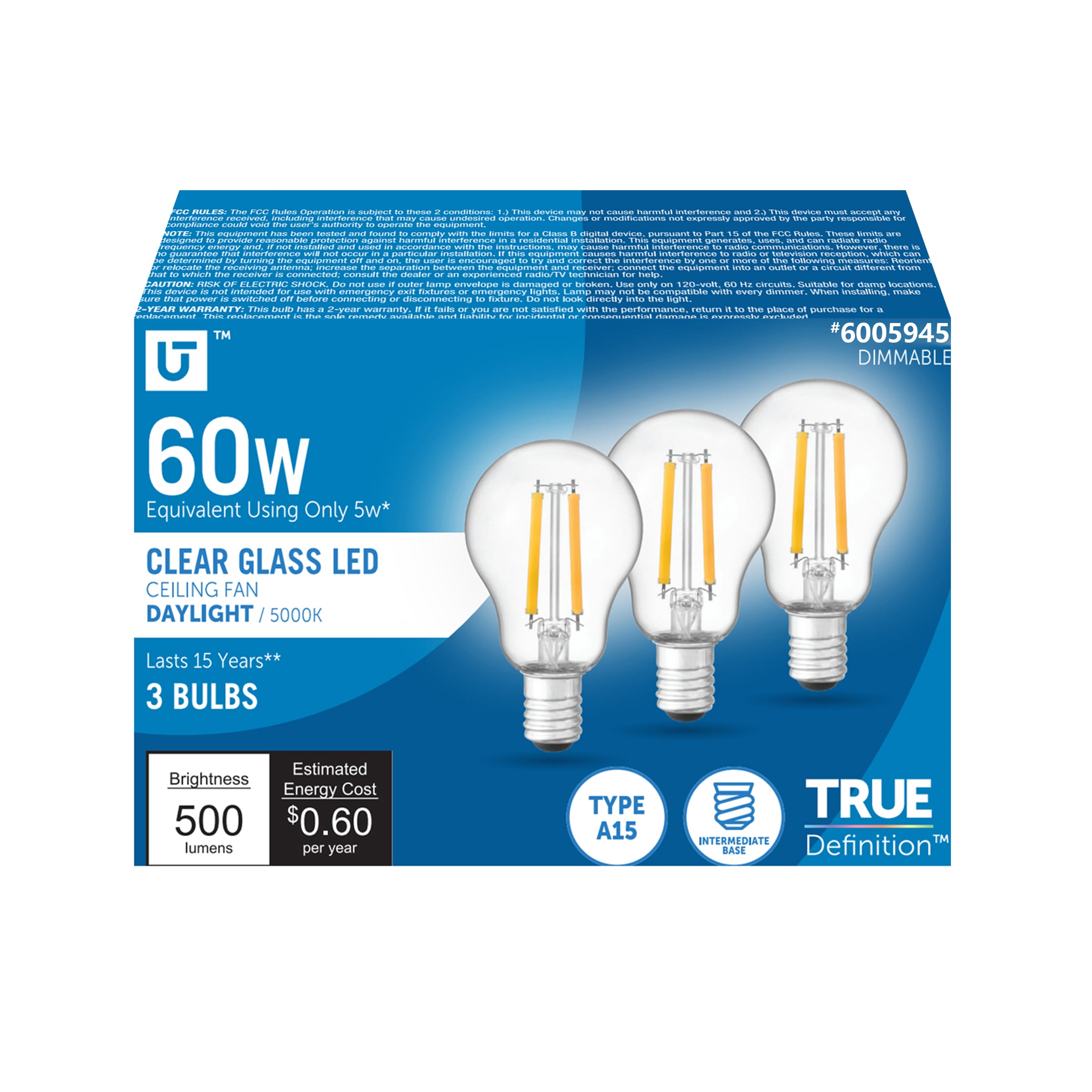 Utilitech 16A08-A15I-C-5W-50 60 -Watt EQ A15 Daylight Screw bases Dimmable LED General purpose Light Bulb 3 -Pack