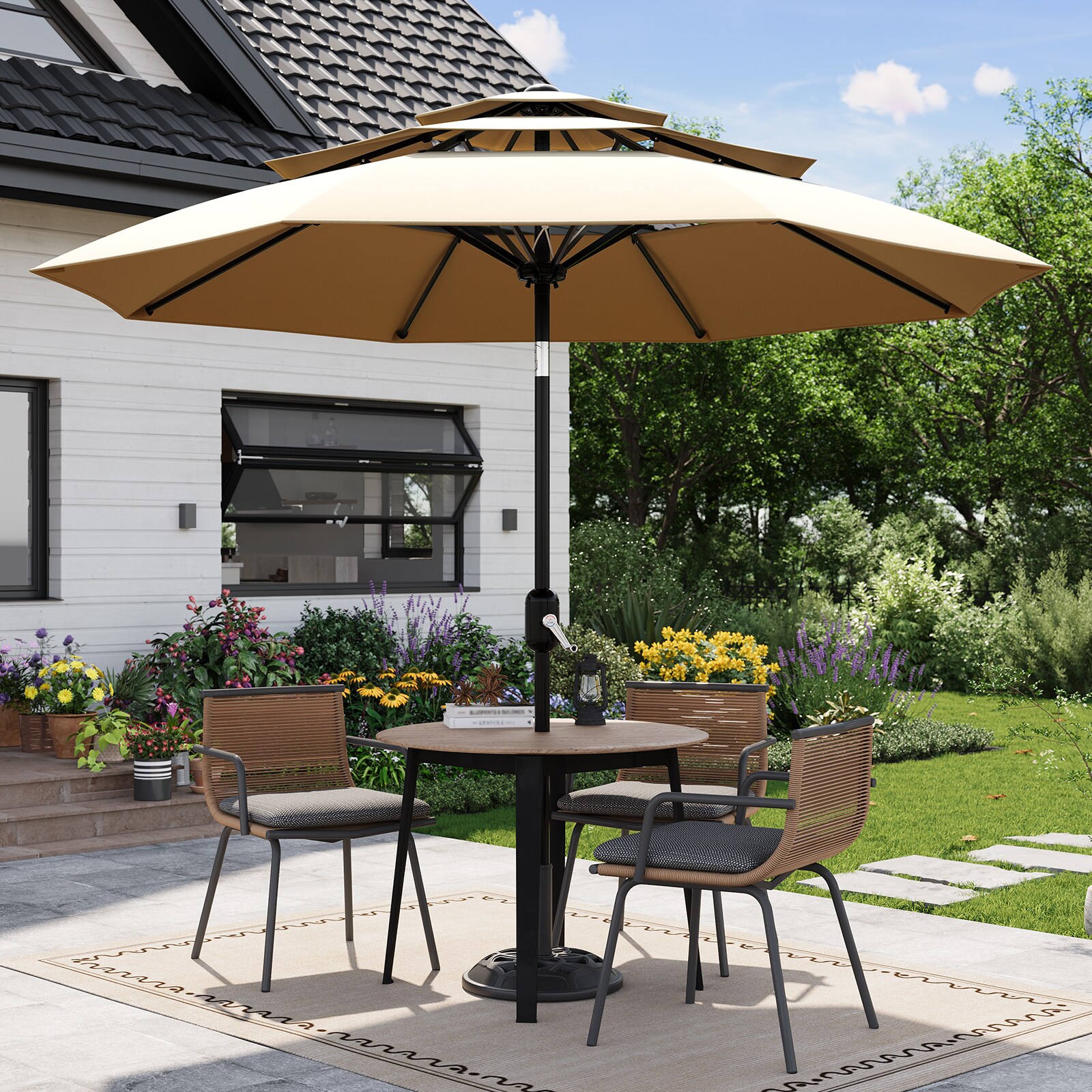 are tier patio umbrellas wind resistant 13ft 2 Double-Sided Vented Umbrella with Base offering an inviting glow for gatherings or quiet moments outside Can a High Wind Patio