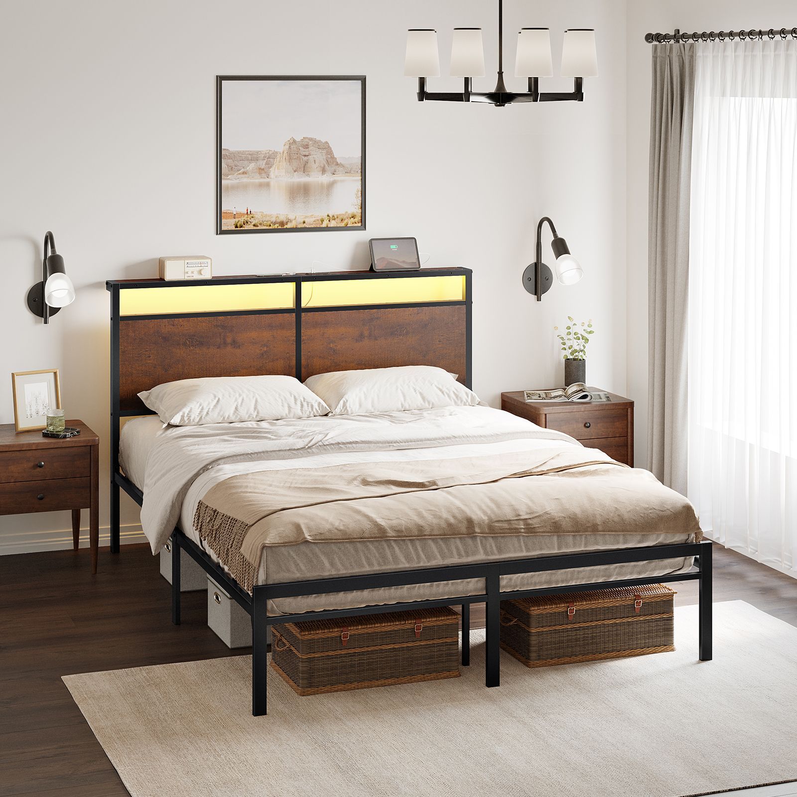 HAUSOURCE HB0011 Modern LED Bed Frame with Headboard-Wood Grain