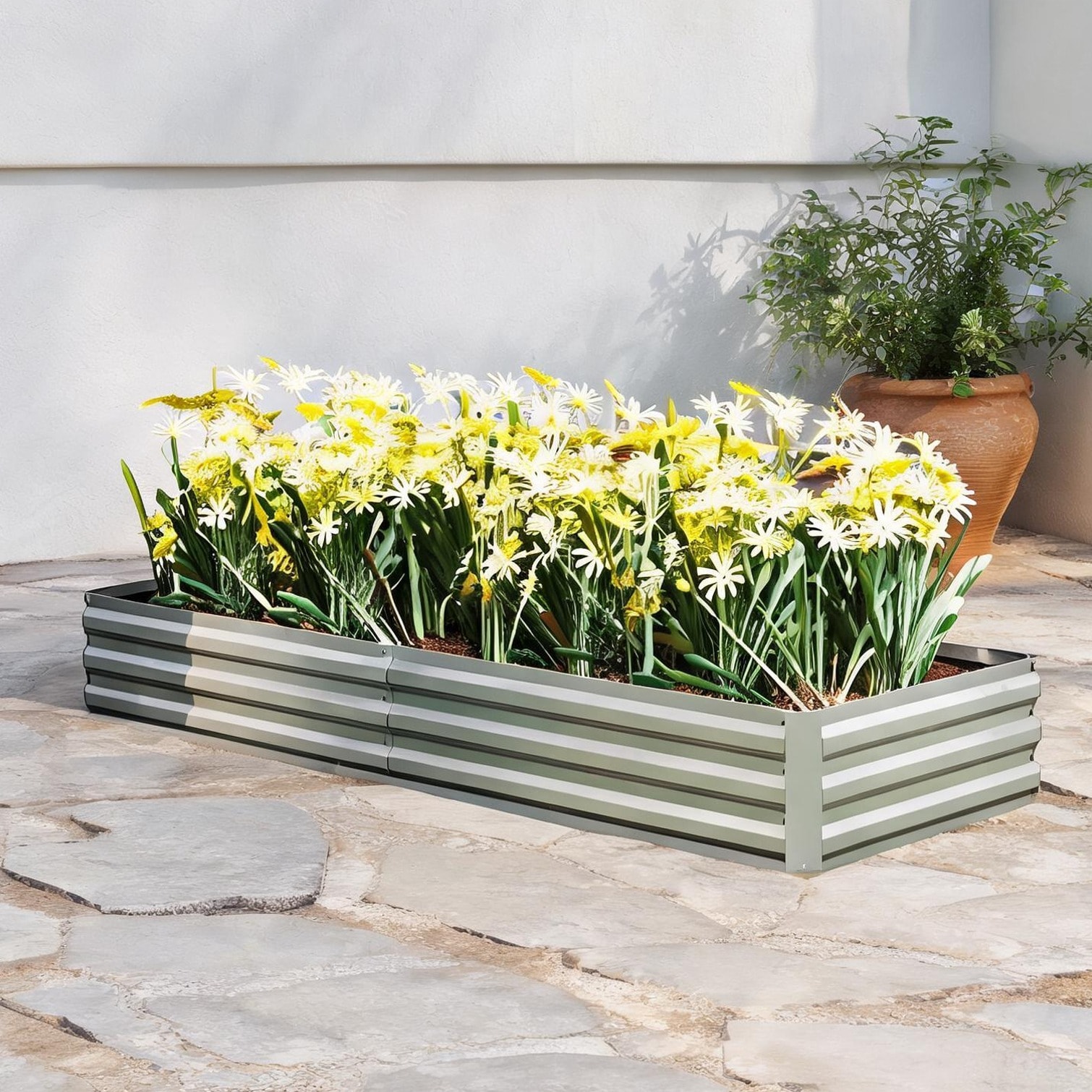 Naturefalls Galvanized Steel Raised Planter Box Polished Silver 95 x 35.75 x 11.75 Inches Open-Bottom Outdoor Garden Bed for Vegetables and Flowers