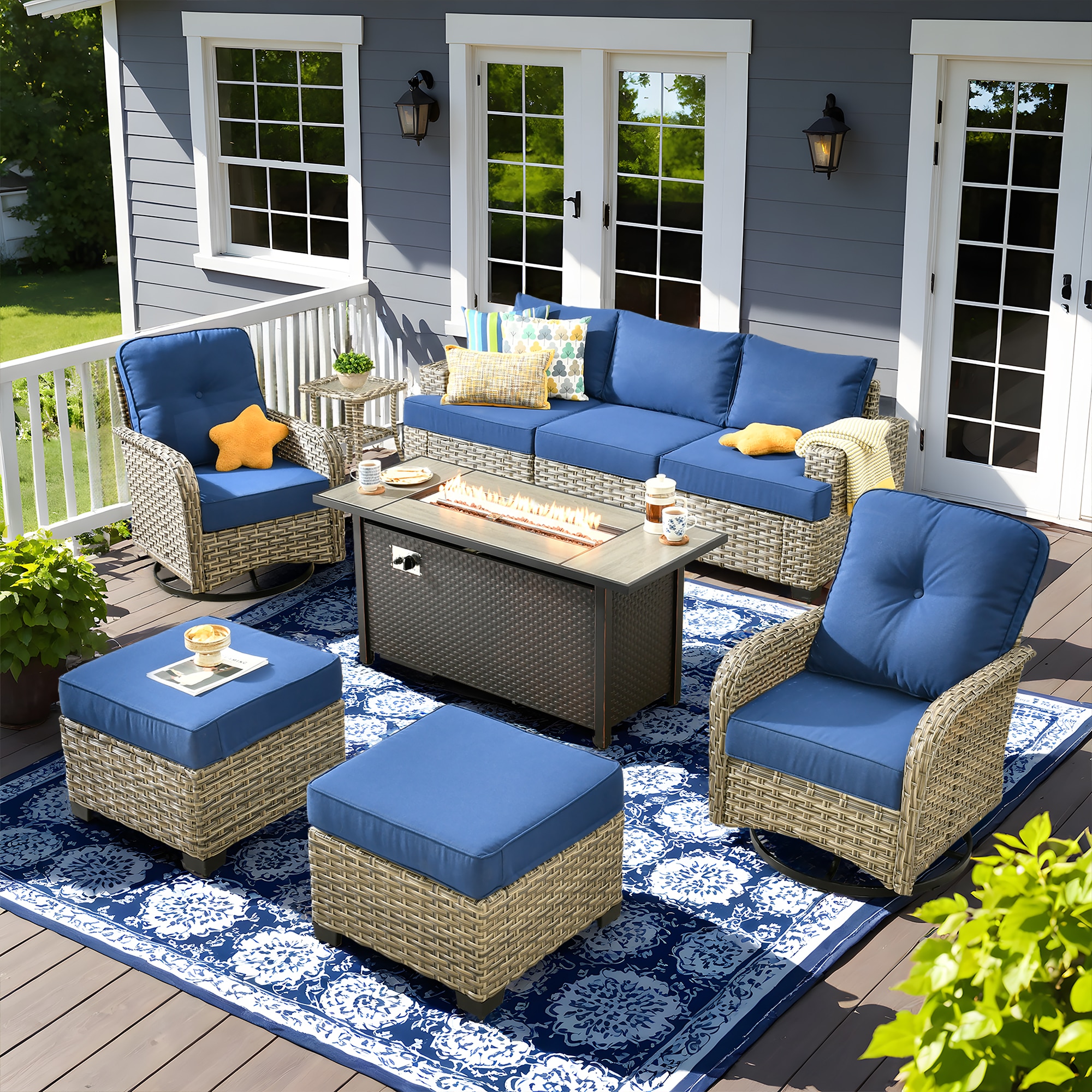 Pouuin SDFPVYZBS706 8-Piece Wicker Patio Sofa Conversation Set with Navy Cushions