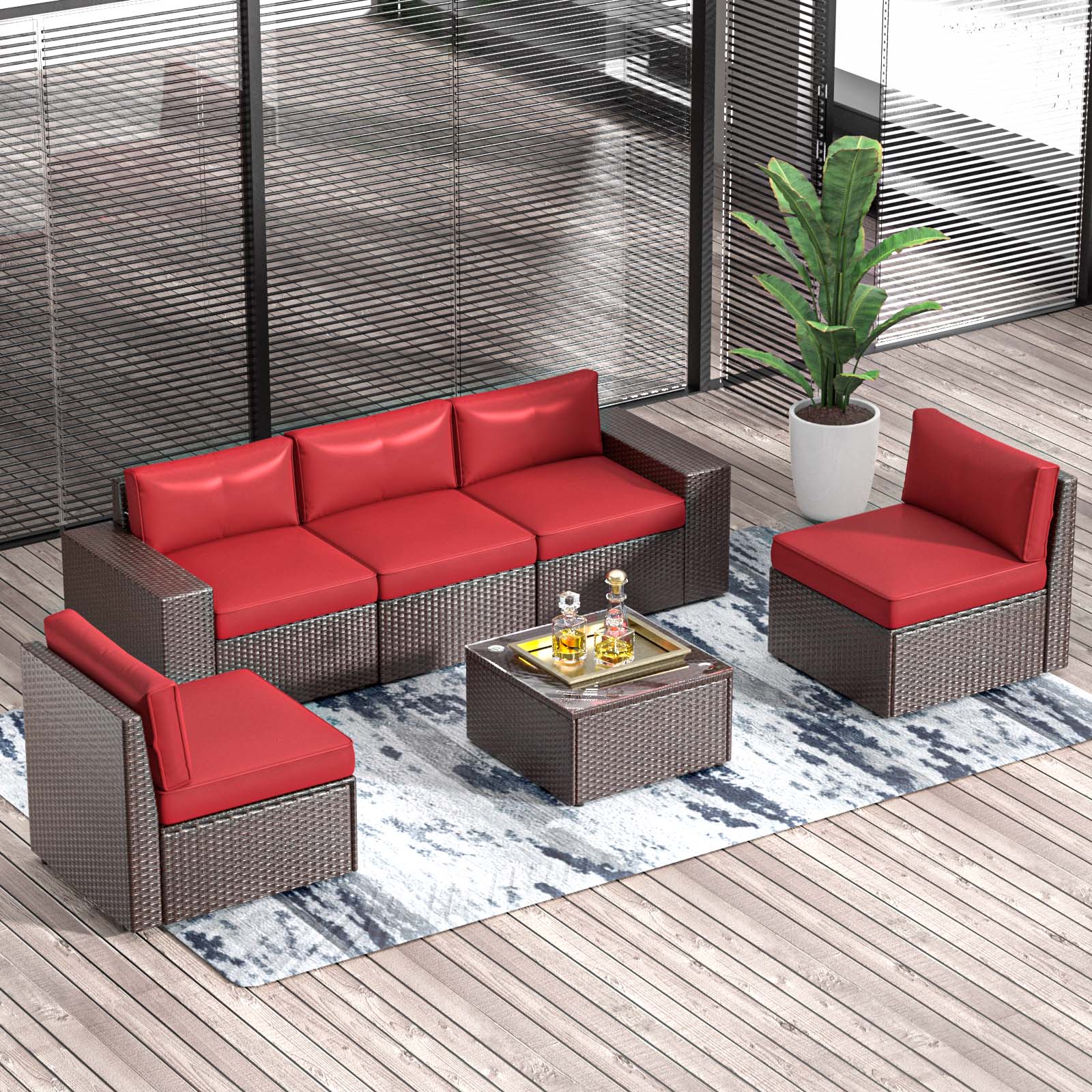 Bapipro BP3906R03 6-Piece Rattan Patio Sofa Conversation Set with Red Cushions