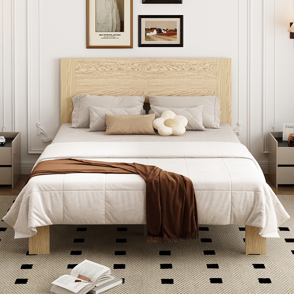 Homsee C-KF210318-01 Queen Size Solid Wood Panel Bed Frame with Natural Brown Finish and Under-Bed Storage Space