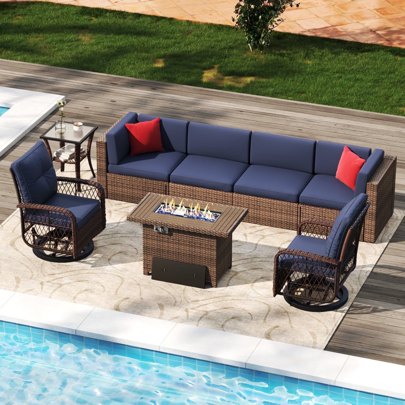 Bapipro BP3508U14 8-Piece Rattan Patio Sofa Conversation Set with Blue Cushions