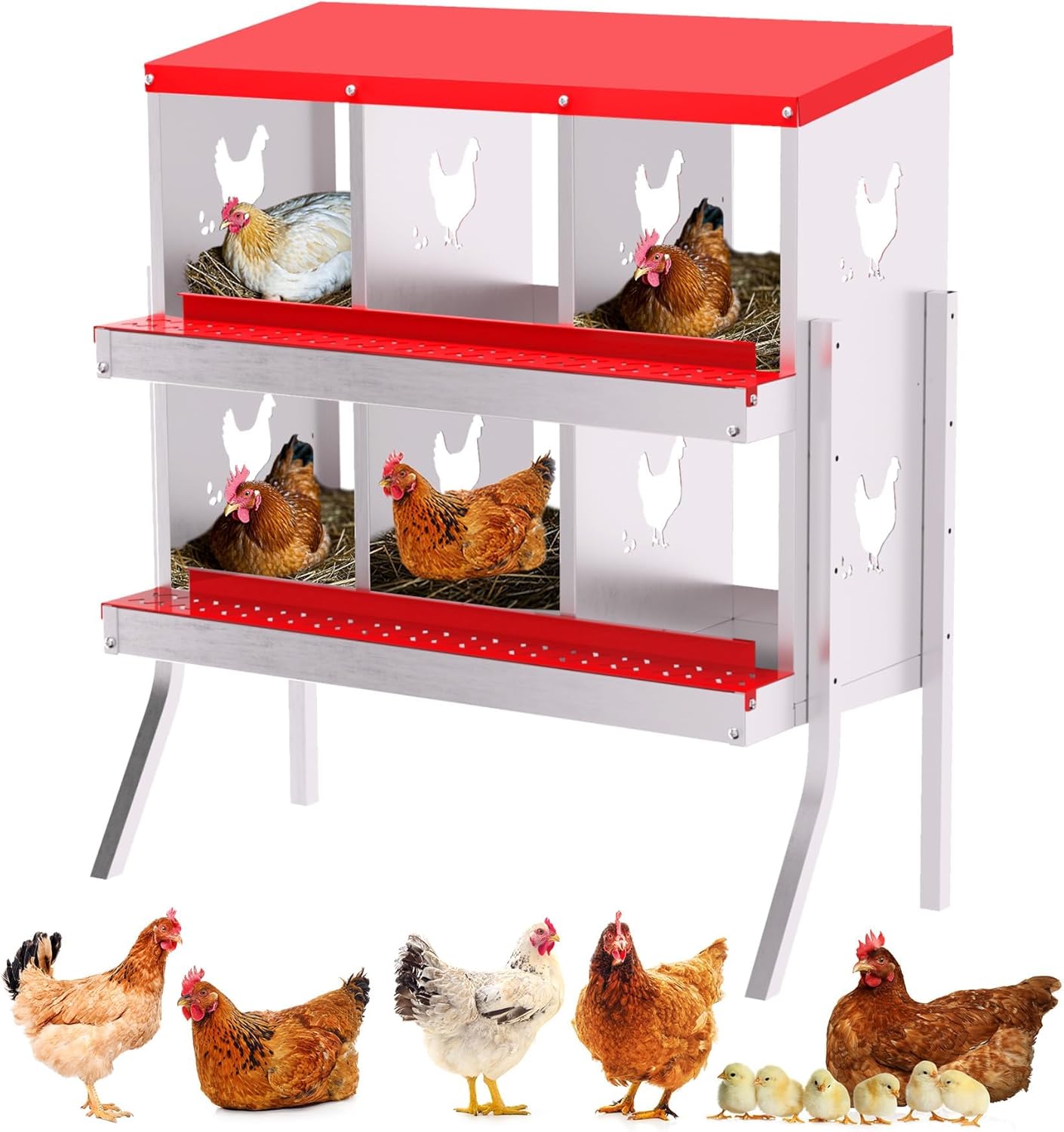 Qeetex WLS-PHO-348S5HJE Nesting Boxes for Chickens 6 Compartment Chicken Nesting Box Metal Chicken Laying Boxes with Perch Secure Lid Versatile Wall Mount or Free Standing for Hens