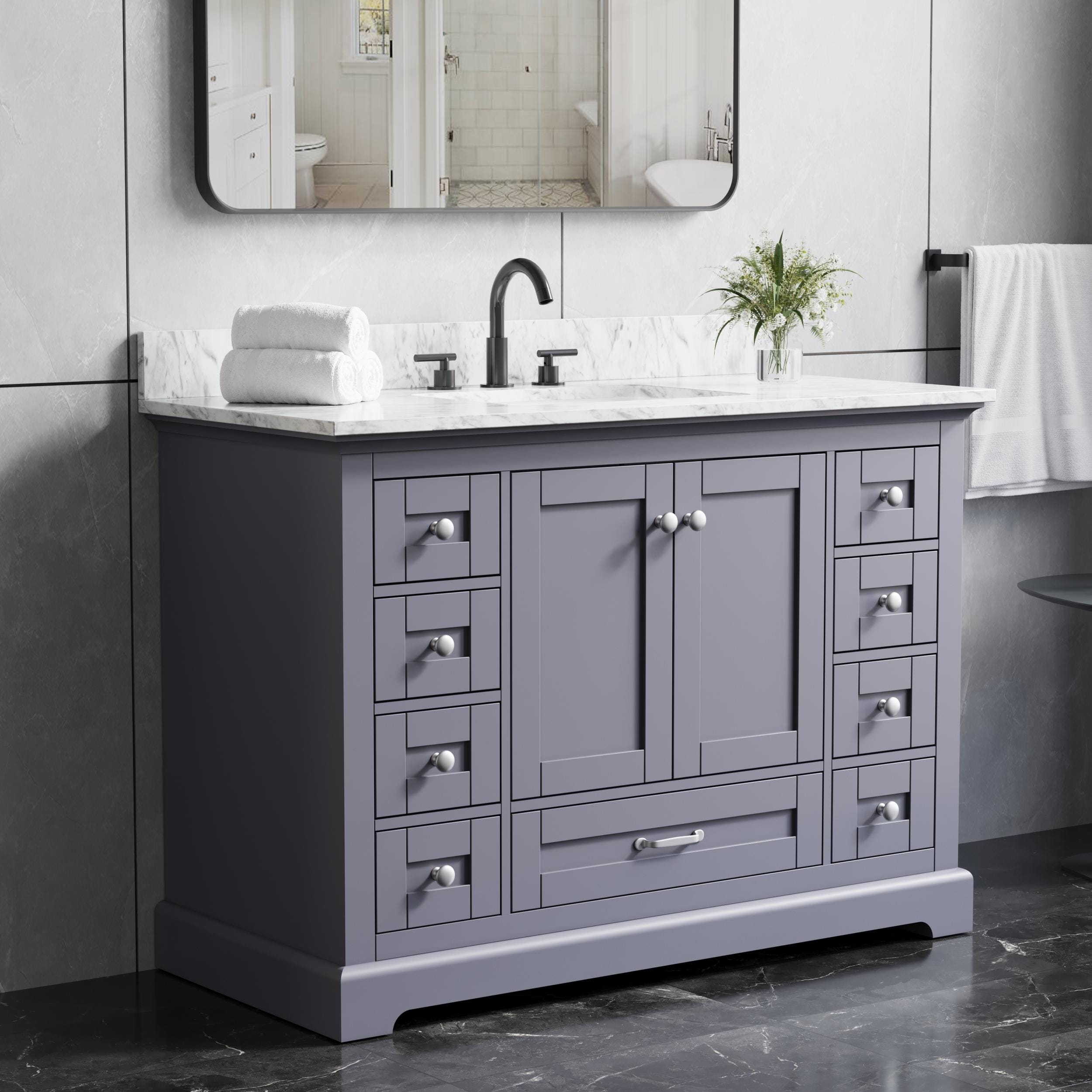 WELLFOR GLEM-51421 48-in Dark Gray Undermount Single Sink Bathroom Vanity with Carrara Marble Top