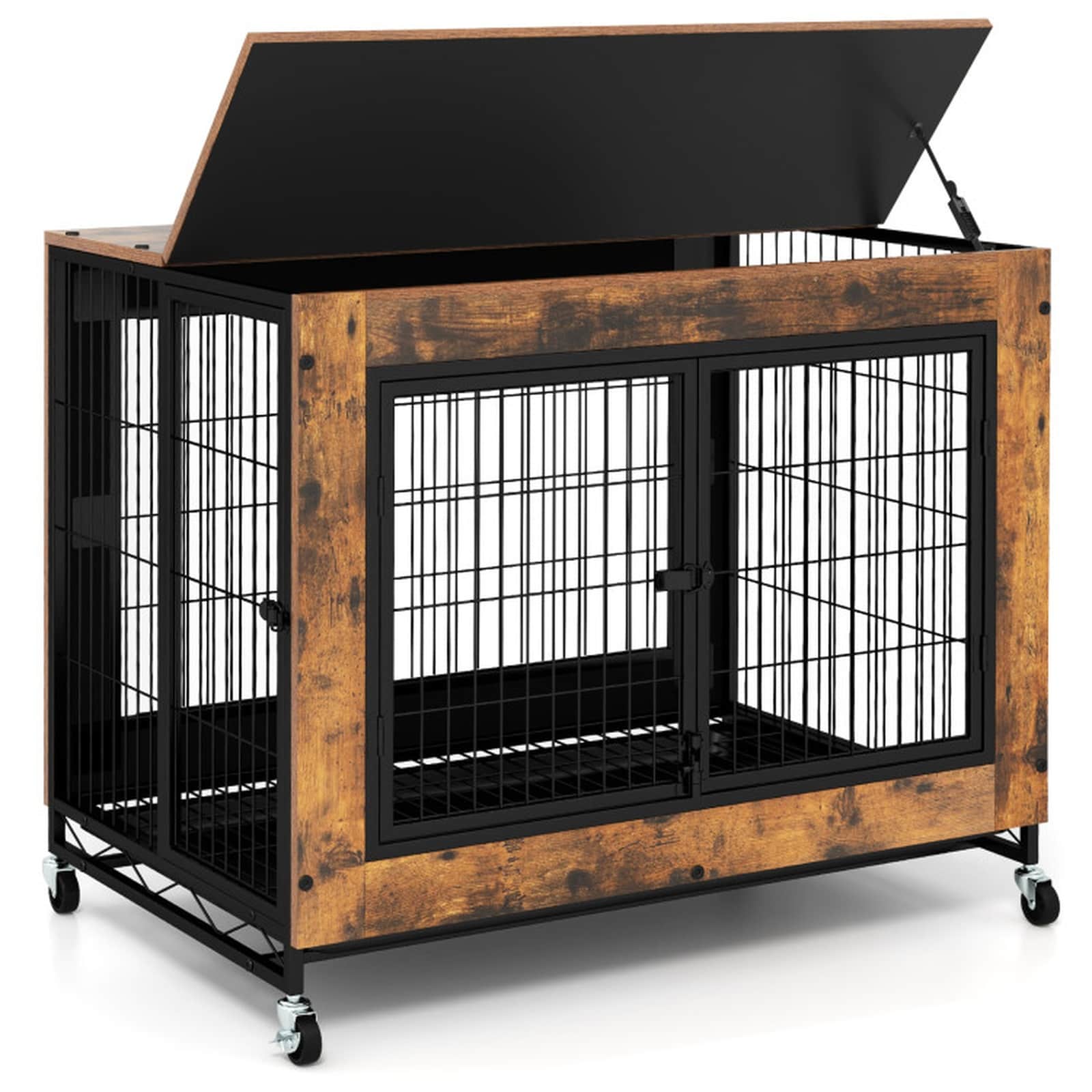 SUGIFT Industrial Dog Crate Furniture with Flip-up Top 3 Lockable Doors Removable Tray and Rolling Wheels for Medium Large Dogs Indoor-Rustic Brown