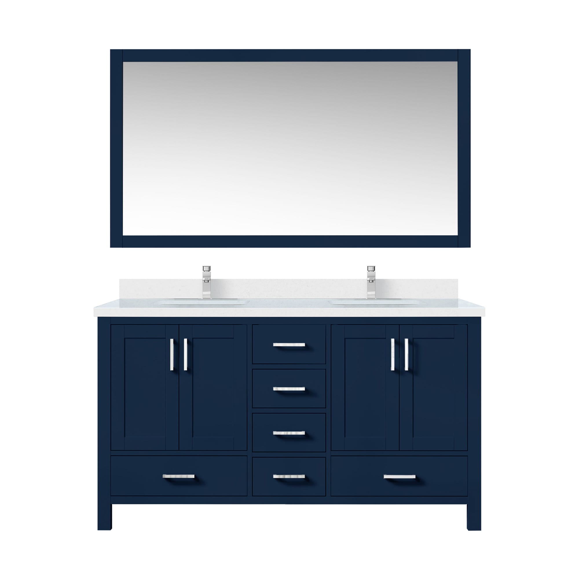 Lexora LJ342260DEWQM58F Jacques 60-in Navy Blue Undermount Double sink Bathroom Vanity with White Quartz Top (Mirror Included) (Faucet Included)