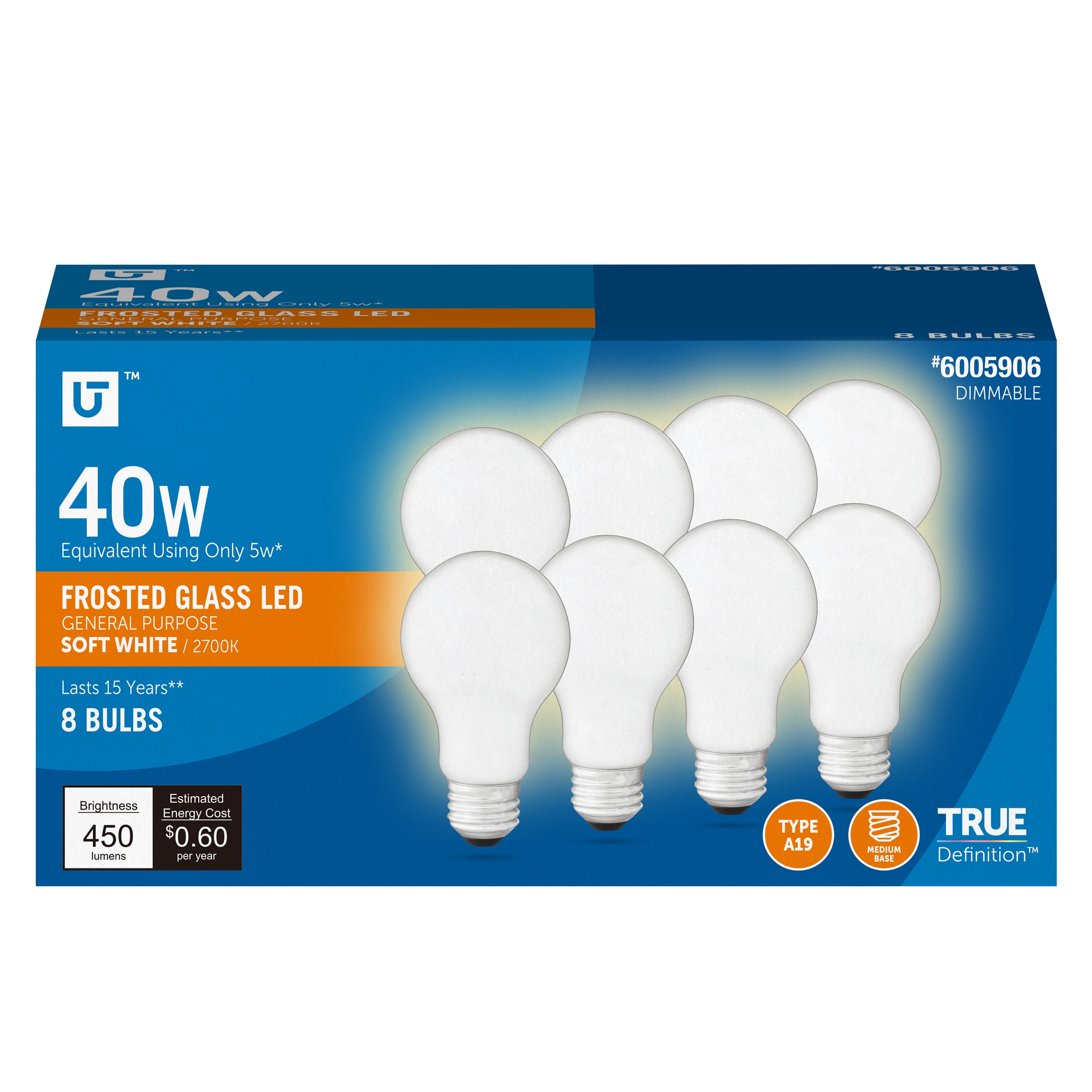Utilitech 3A19DG5WOP27K8P 40 -Watt EQ A19 Soft white Screw bases Dimmable LED General purpose Light Bulb 8 -Pack