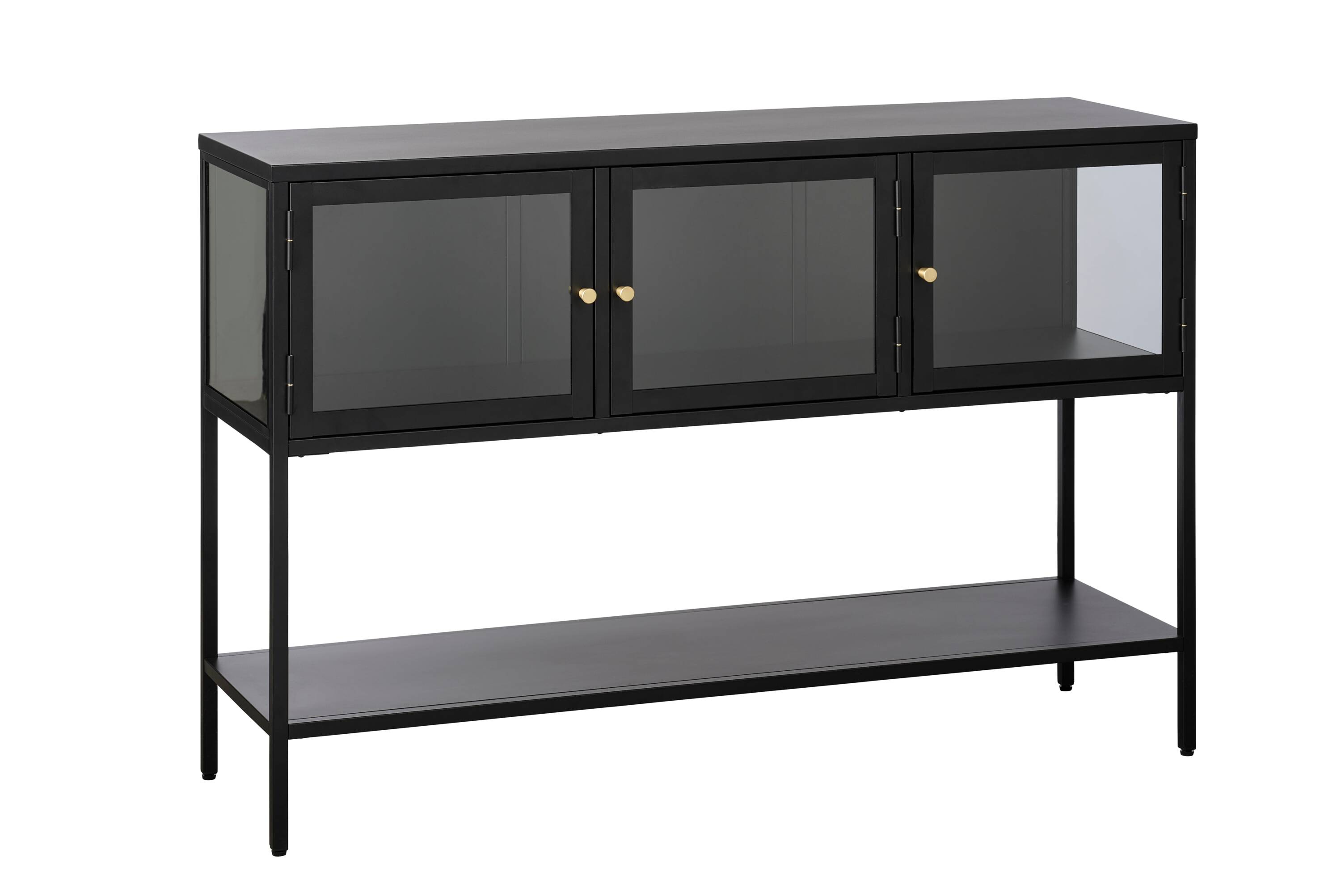 52-Inch Black Metal and Glass Sideboard with Brass Knobs