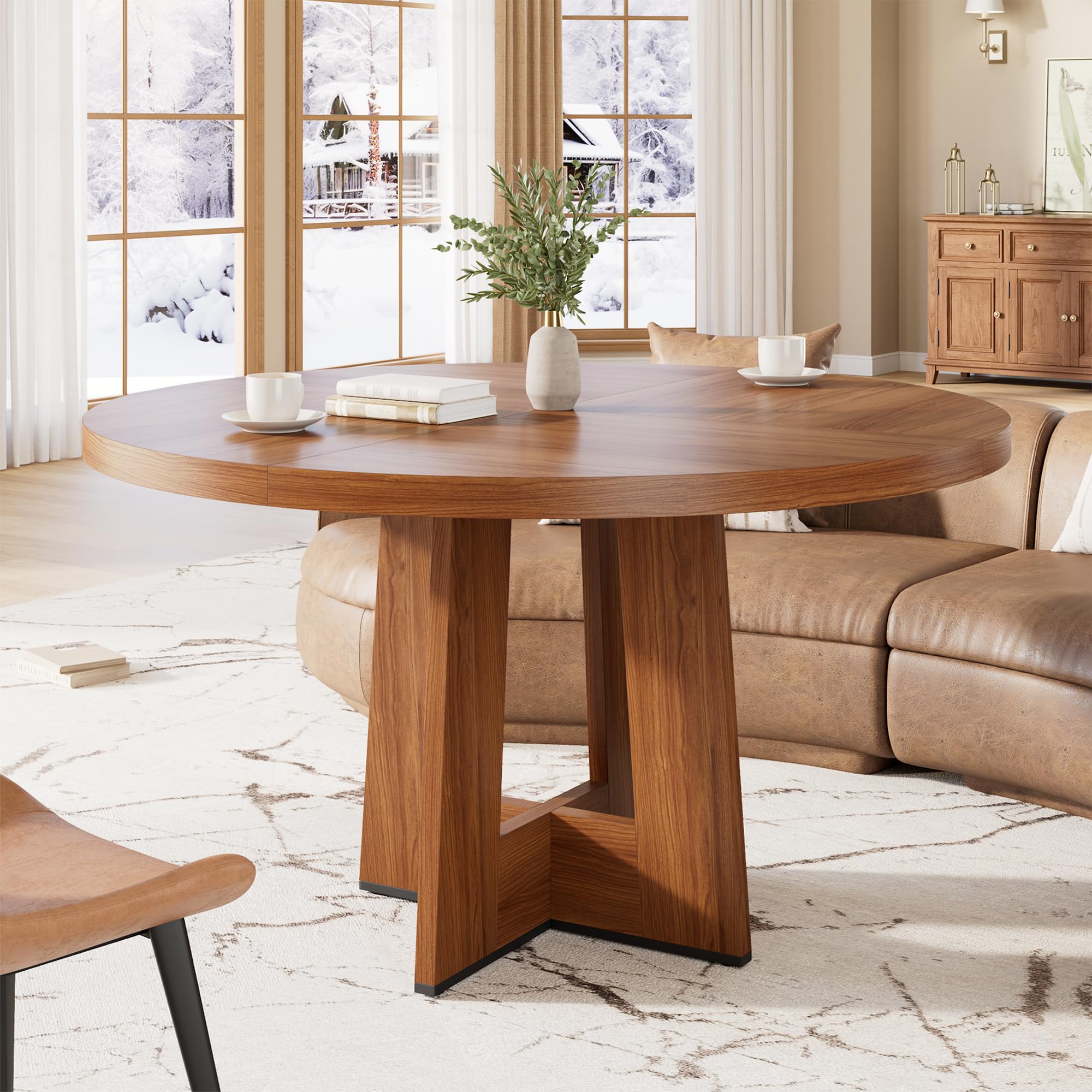 DEXSO 47 Inch Round Dining Table for 4-6 Pedestal Base Kitchen and Dining Table Thickened MDF Top Modern Farmhouse Red Walnut