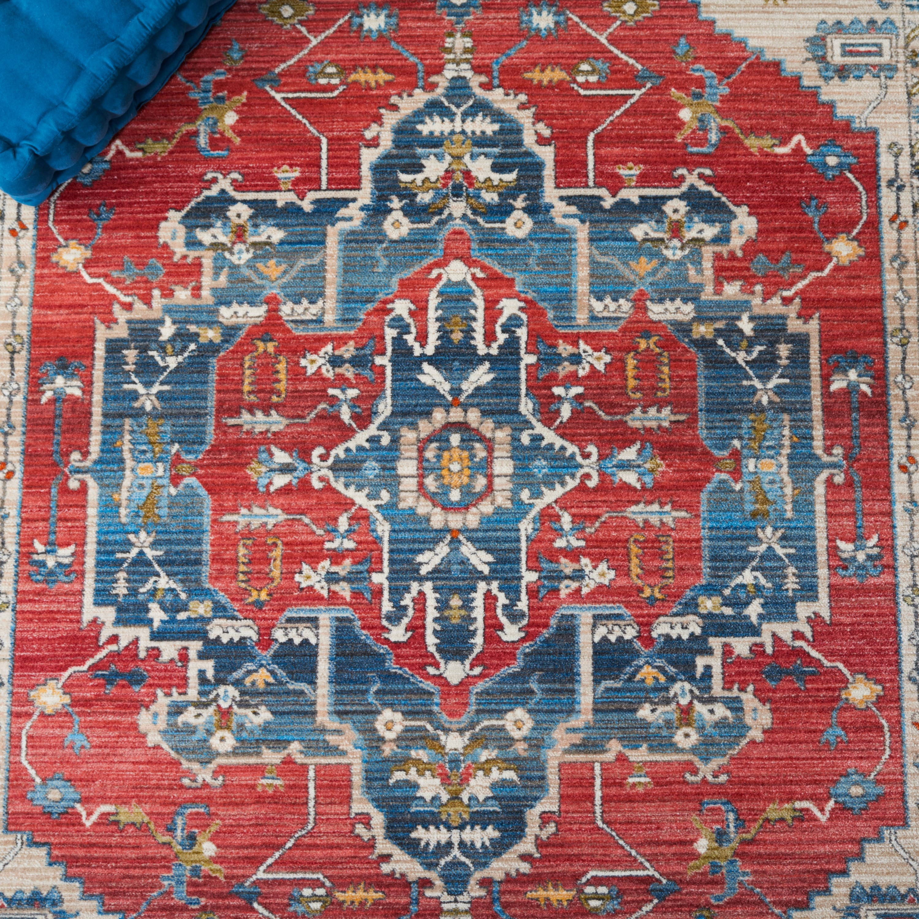 Red and Blue Floral Motif Low Pile Runner Rug
