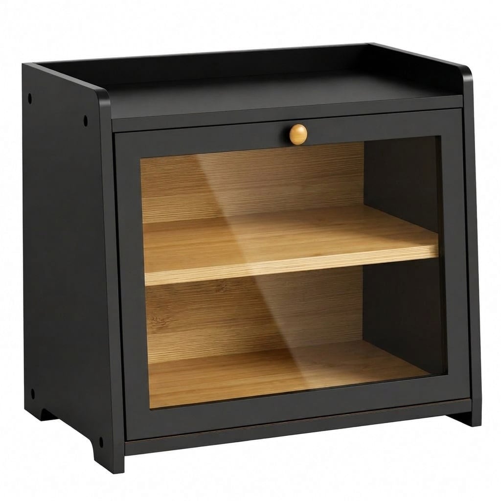 Aoibox  Large Black Wood Bread Box for Kitchen Countertop with Clear Acrylic Door and Magnetic Latch