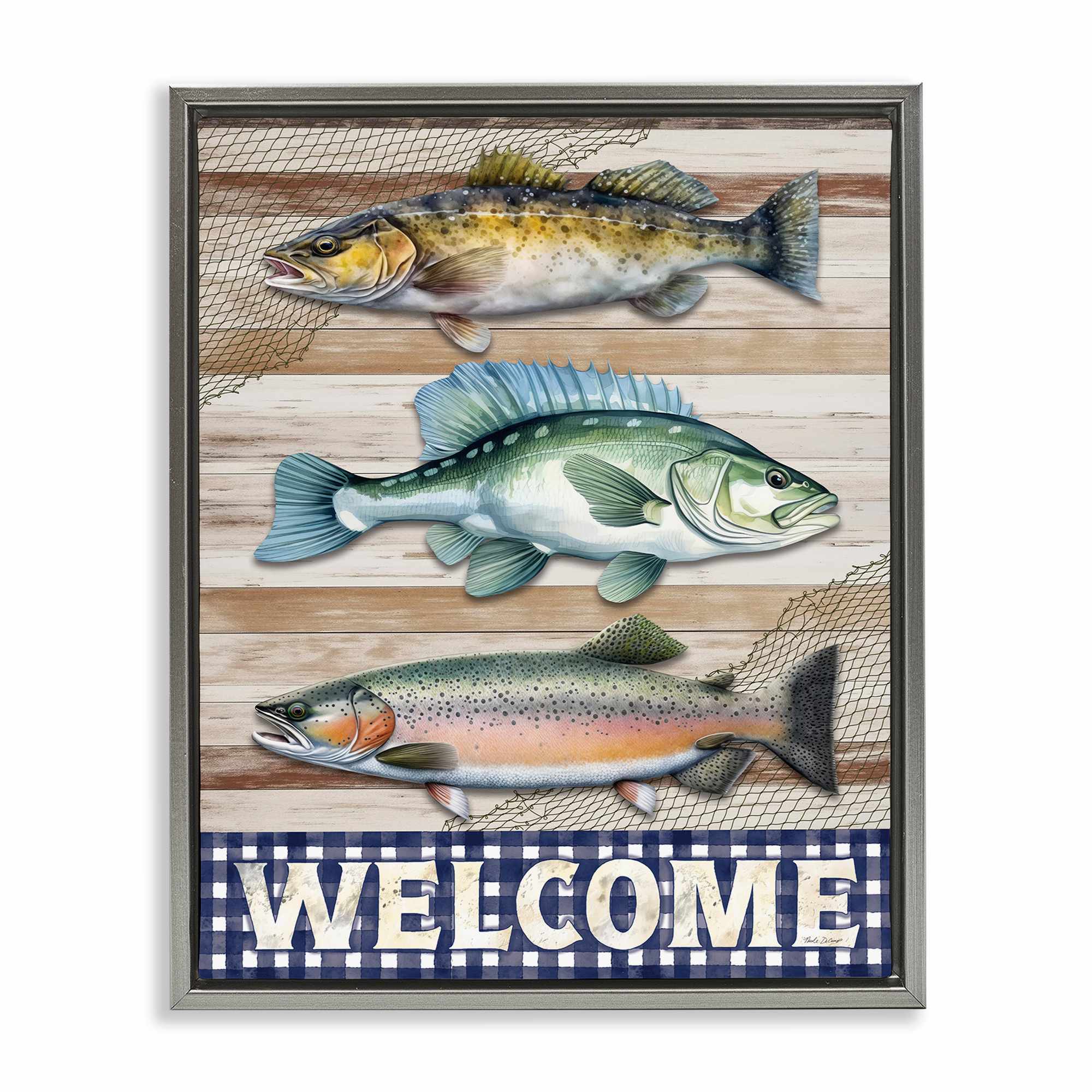 Stupell Industries BT-574-FFL-16X20 Welcome with Rustic Fish Floating Frame design by Nicole DeCamp