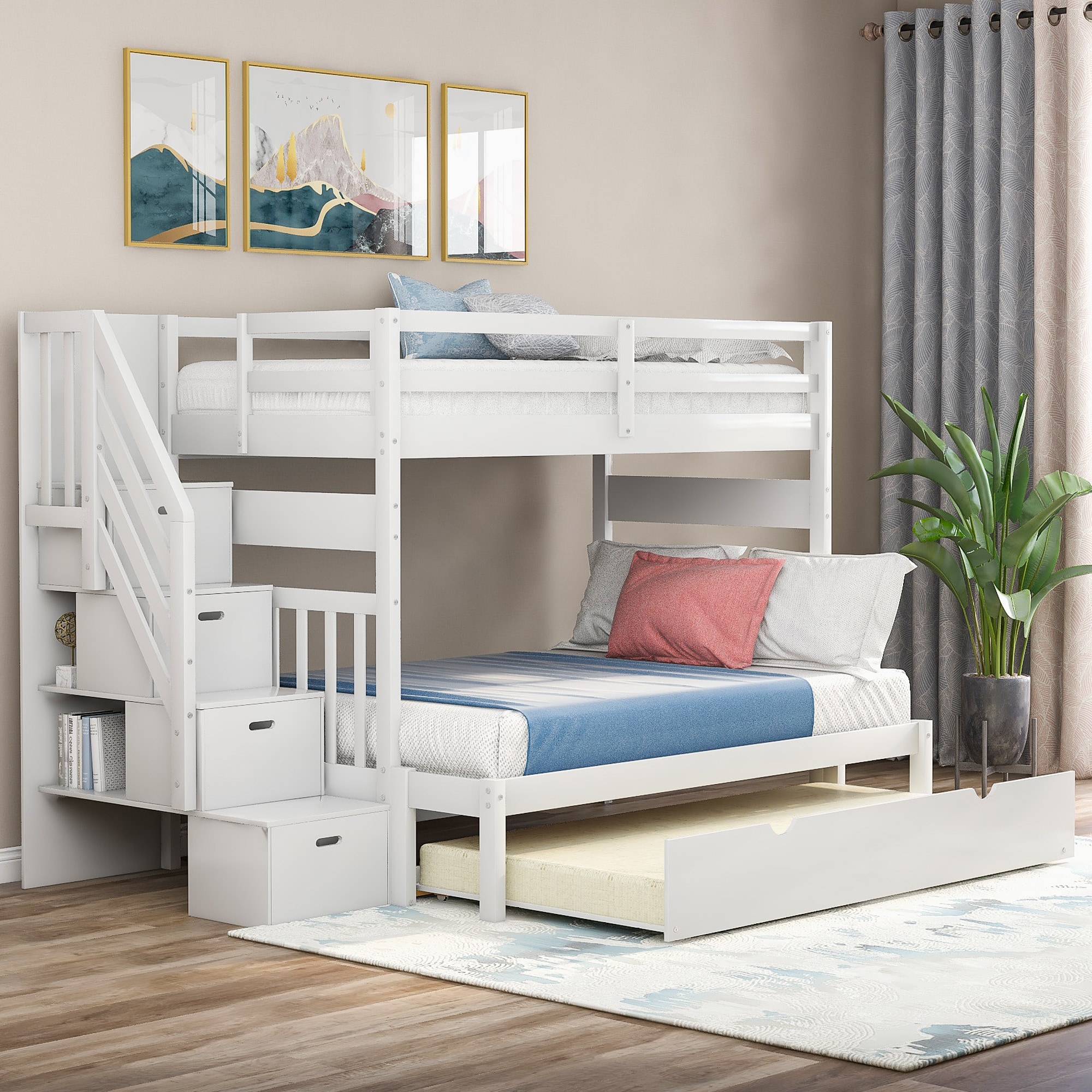 ModernLuxe LT000025AAK Twin over Twin/Full Bunk Bed with Twin Size Trundle White