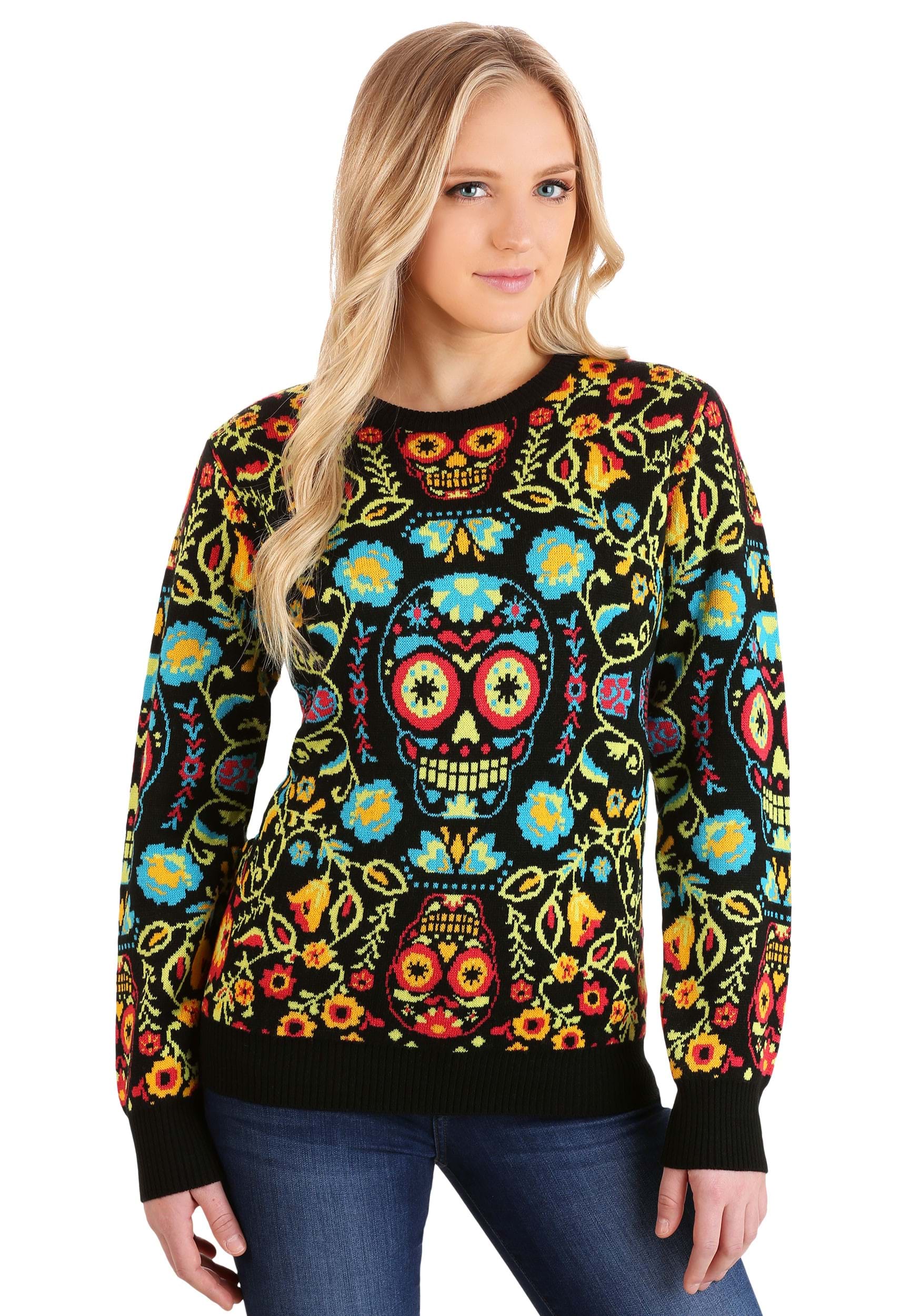 HalloweenCostumes.com FUN7428AD-S FUN Wear Sugar Skull Halloween Sweater for Adults Exclusive Small