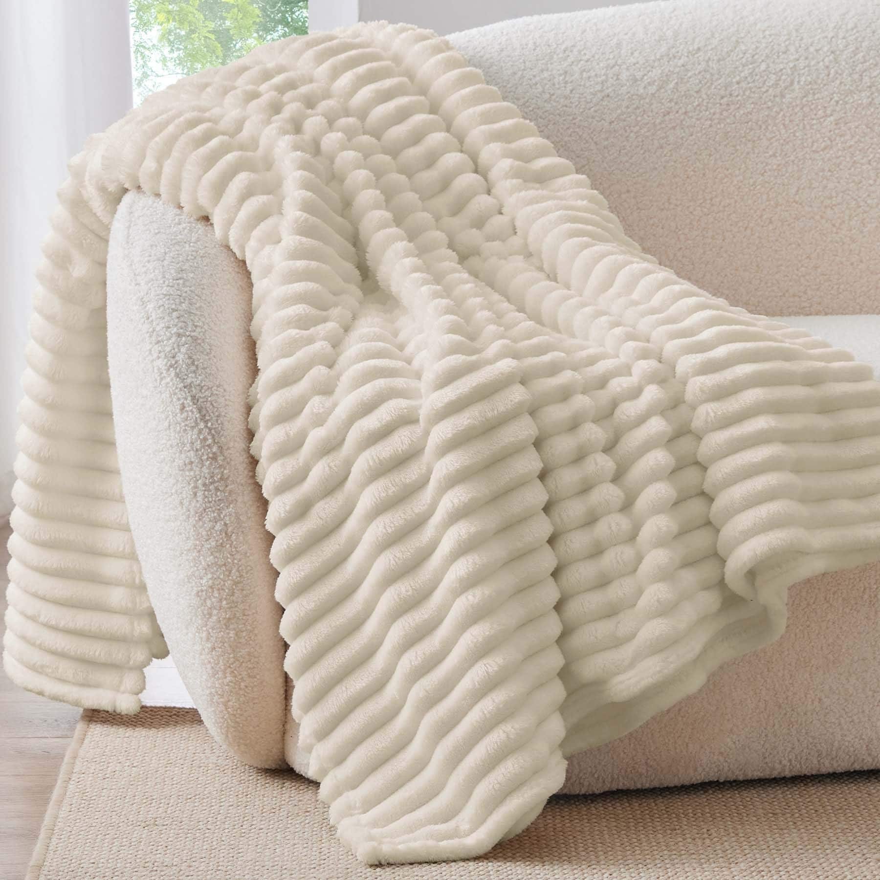 PUPWE Beige Twin 60x80 in Striped Fleece Blanket Soft Warm Decorative All Season Versatile Easy Care Giftable