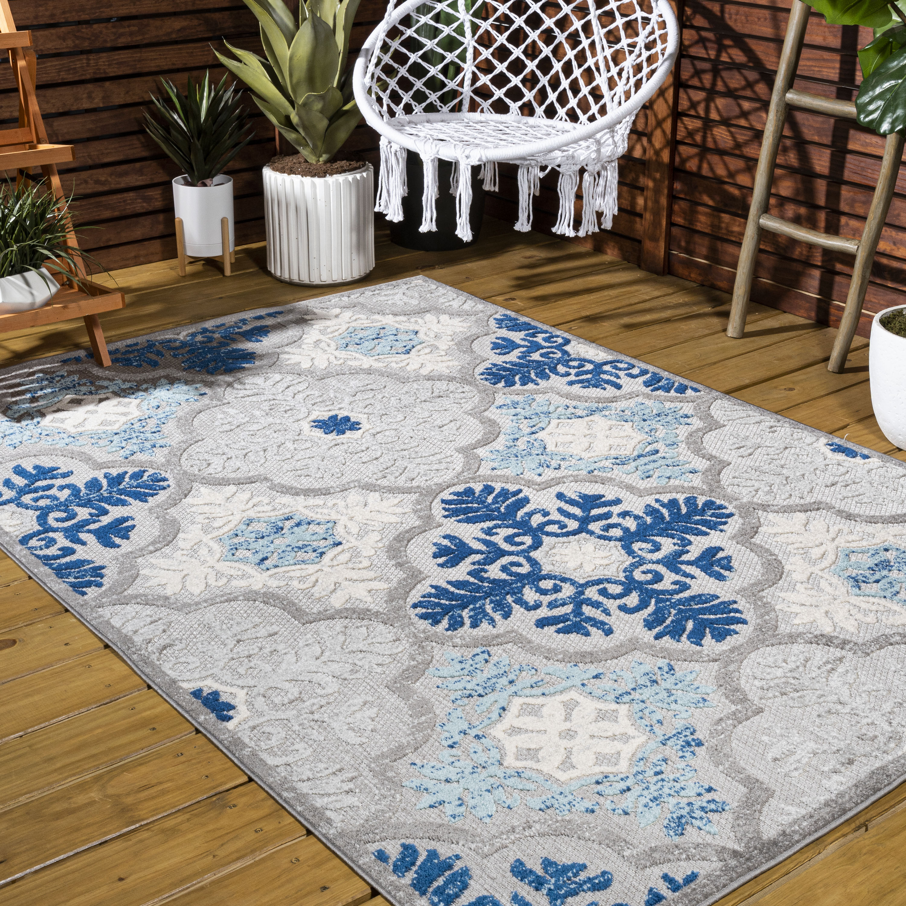 JONATHAN  Y AMC105B-8 Amalfi Coast Cassis Ornate Ogee Trellis High-Low 8 x 10 (ft) Loomed Polypropylene Light Gray/Blue Rectangular Indoor/Outdoor Medallion Bohemian/Eclectic Area rug
