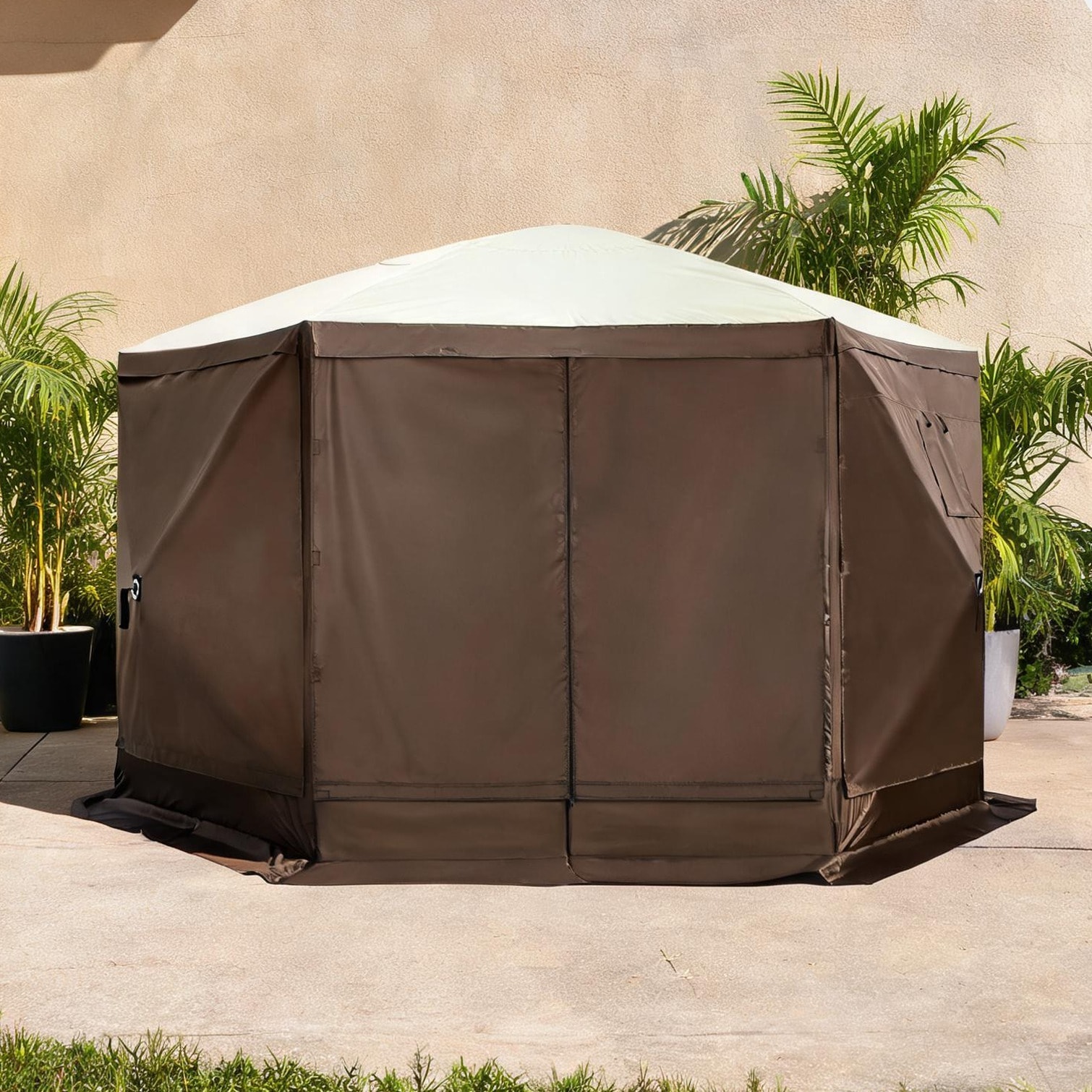 Naturefalls Linen beige 12-ft hexagonal pop-up screen tent with mesh windows for outdoor camping and backyard one_size | CLG337ONENB3