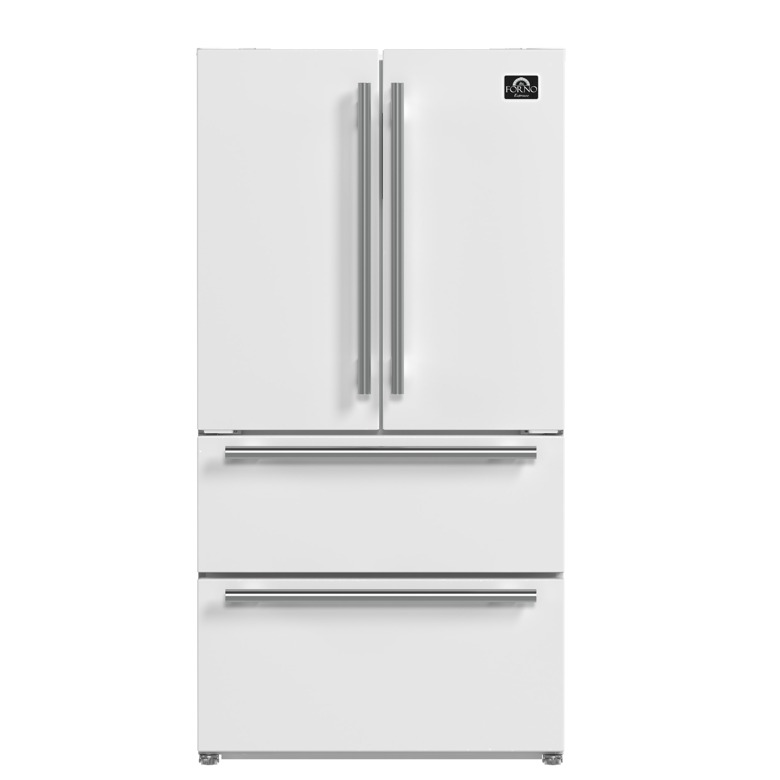 FORNO FFRBI1820-36WHT Counter-Depth Antique Brass and Stainless Steel Handles 19.2-cu ft 4 -Door French Door Refrigerator with Ice Maker with Ice Dispenser ( White ) ENERGY STAR Certified